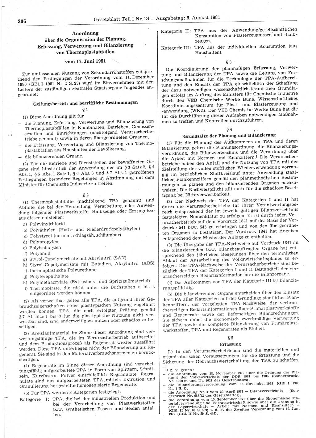 Gesetzblatt (GBl.) der Deutschen Demokratischen Republik (DDR) Teil Ⅰ 1981, Seite 306 (GBl. DDR Ⅰ 1981, S. 306)