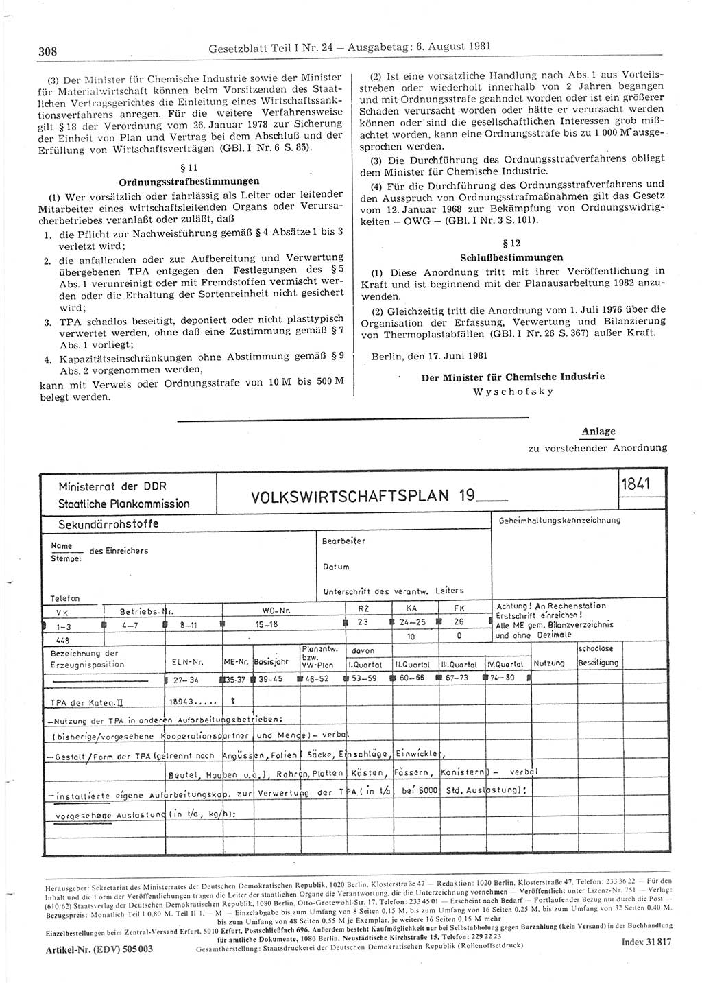 Gesetzblatt (GBl.) der Deutschen Demokratischen Republik (DDR) Teil Ⅰ 1981, Seite 308 (GBl. DDR Ⅰ 1981, S. 308)