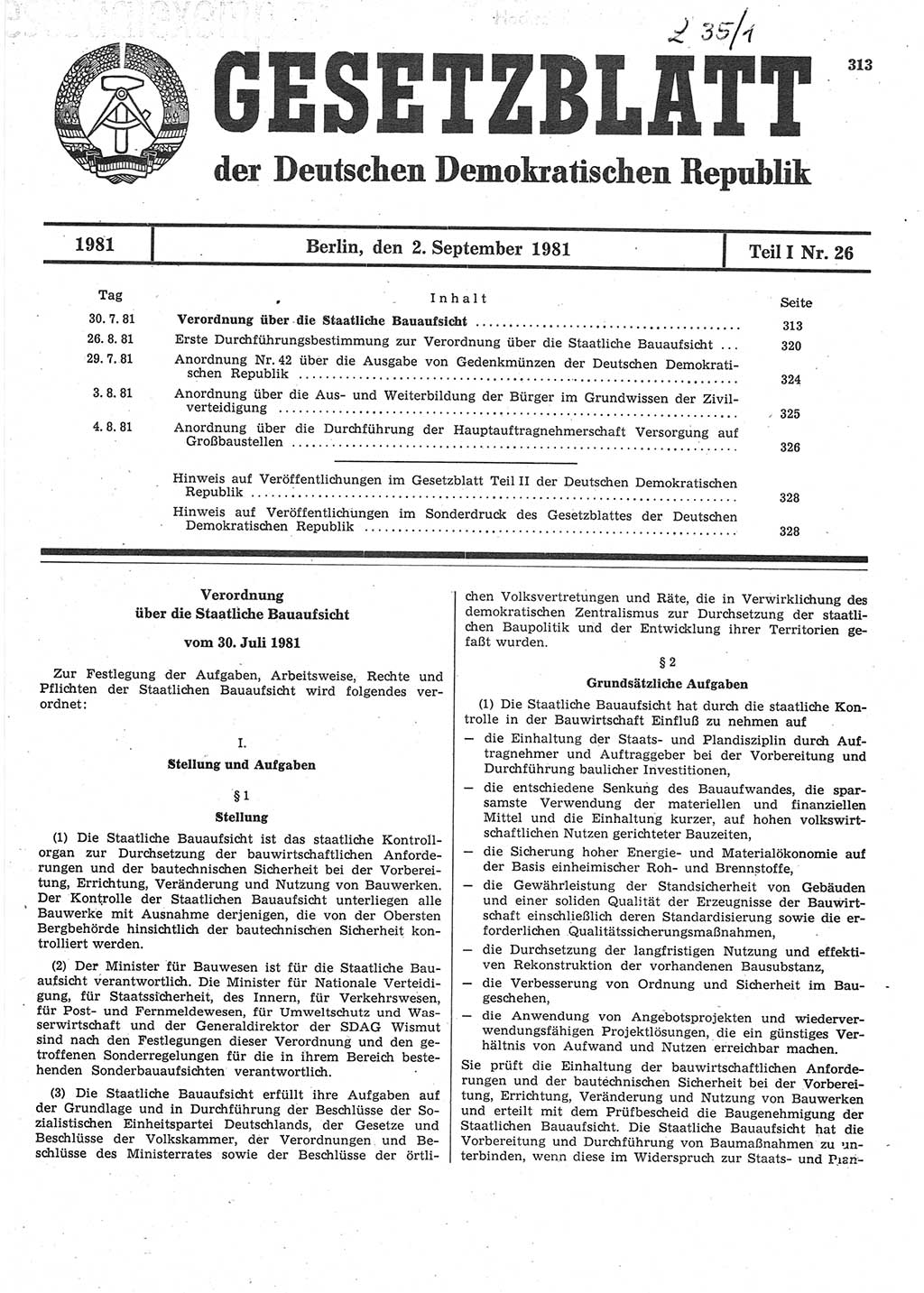 Gesetzblatt (GBl.) der Deutschen Demokratischen Republik (DDR) Teil Ⅰ 1981, Seite 313 (GBl. DDR Ⅰ 1981, S. 313)