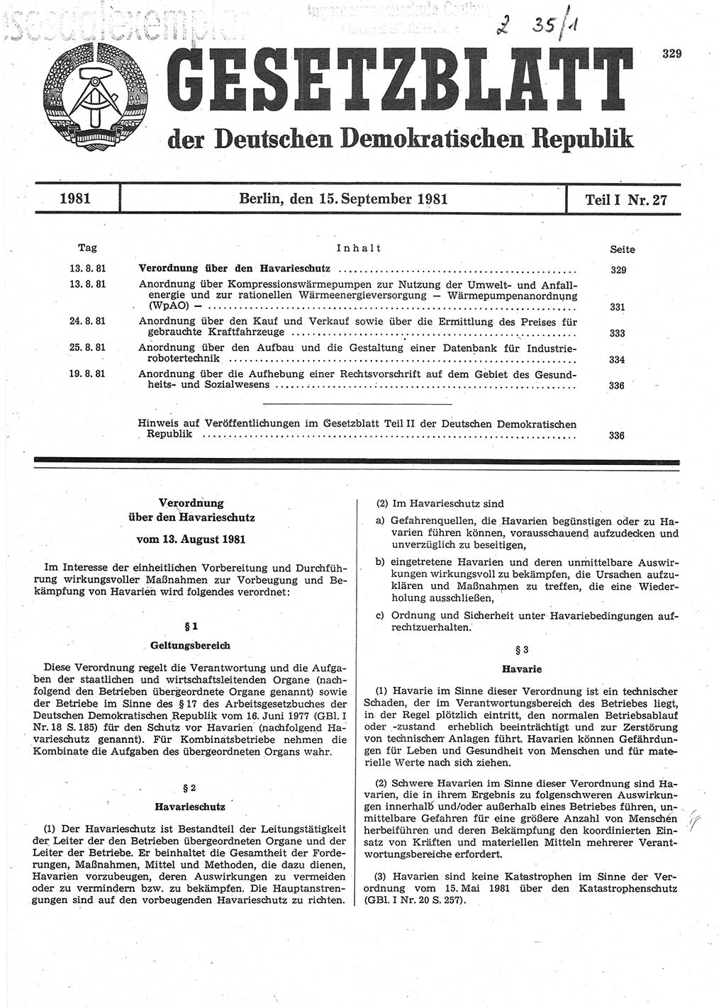 Gesetzblatt (GBl.) der Deutschen Demokratischen Republik (DDR) Teil Ⅰ 1981, Seite 329 (GBl. DDR Ⅰ 1981, S. 329)