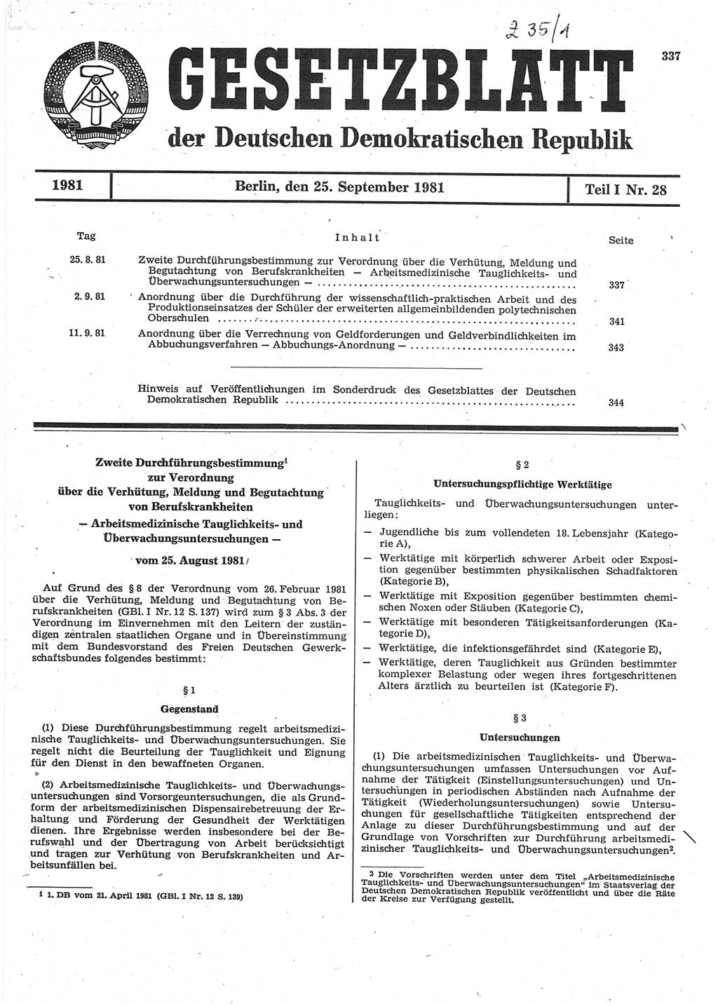 Gesetzblatt (GBl.) der Deutschen Demokratischen Republik (DDR) Teil Ⅰ 1981, Seite 337 (GBl. DDR Ⅰ 1981, S. 337)