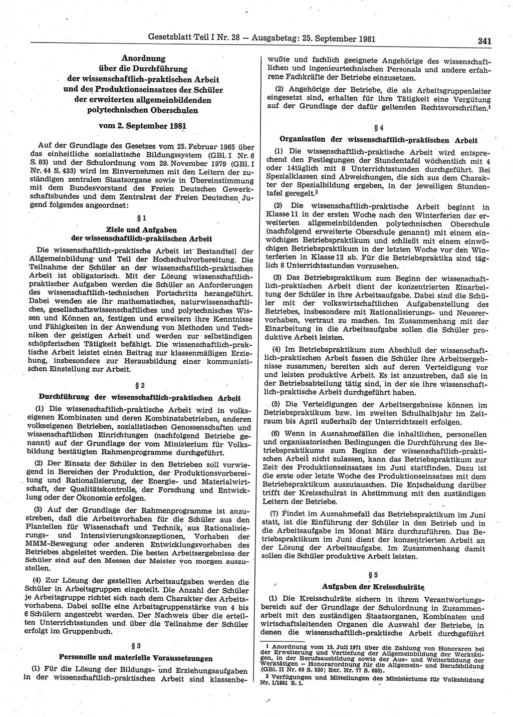 Gesetzblatt (GBl.) der Deutschen Demokratischen Republik (DDR) Teil Ⅰ 1981, Seite 341 (GBl. DDR Ⅰ 1981, S. 341)