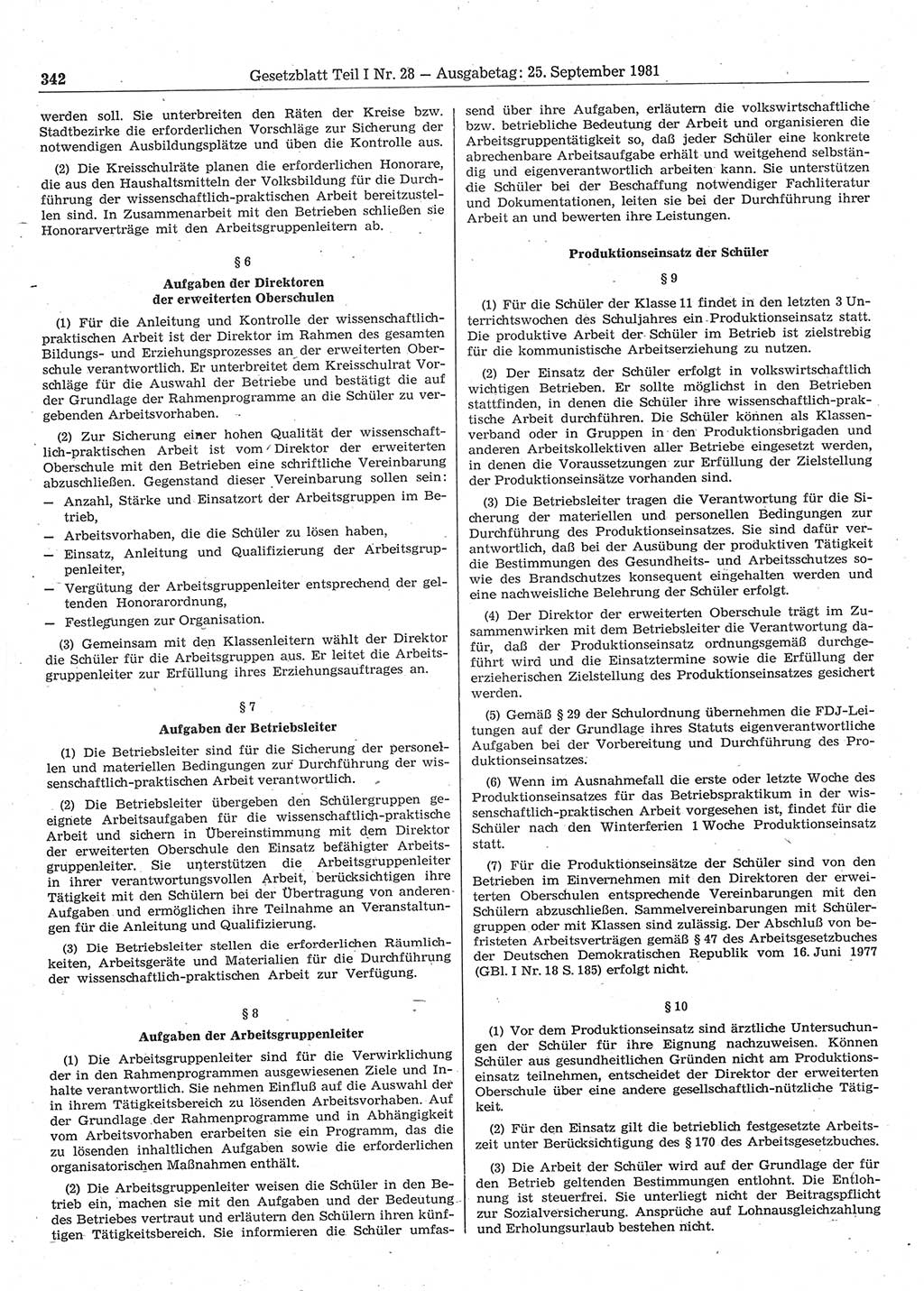 Gesetzblatt (GBl.) der Deutschen Demokratischen Republik (DDR) Teil Ⅰ 1981, Seite 342 (GBl. DDR Ⅰ 1981, S. 342)