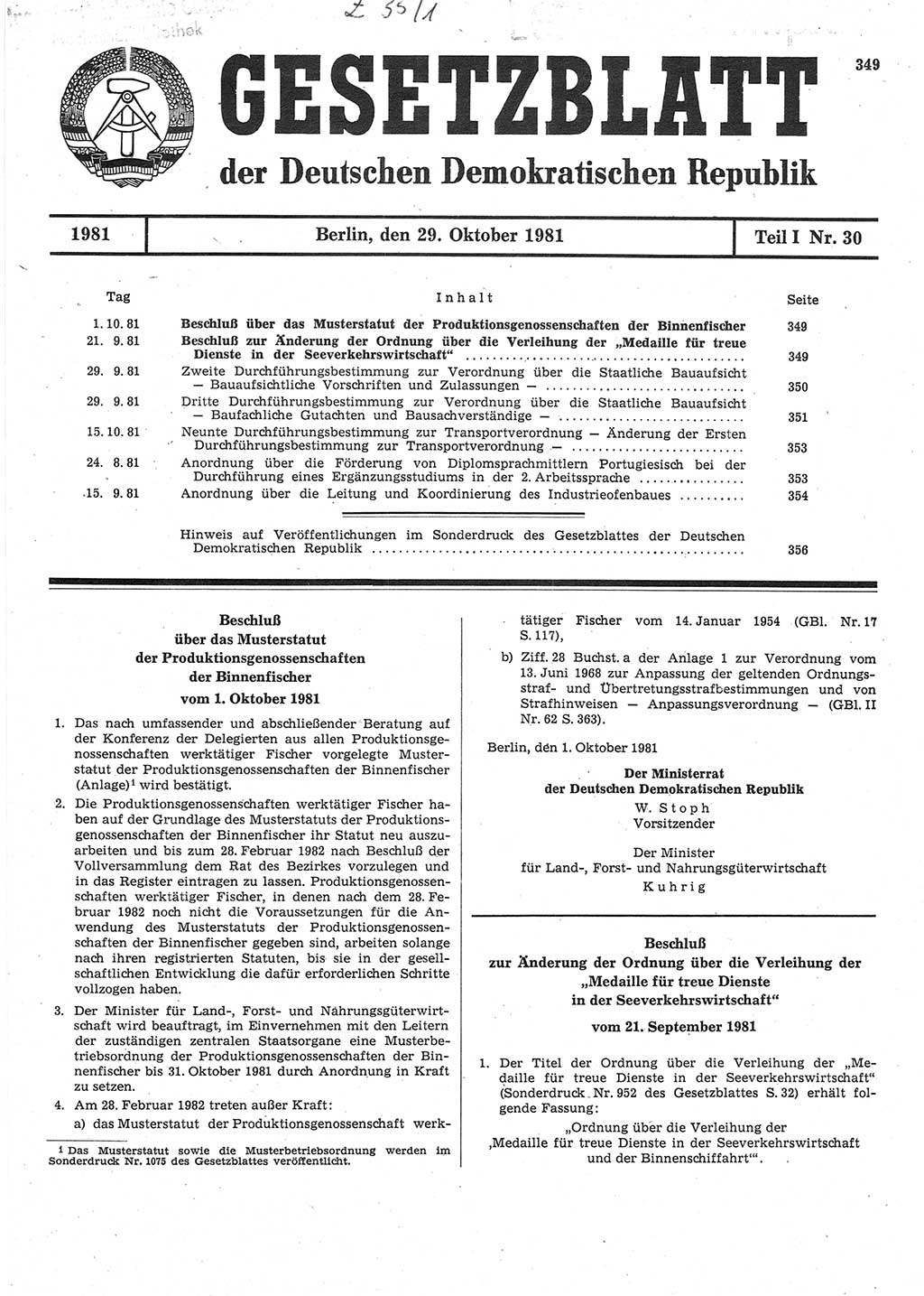 Gesetzblatt (GBl.) der Deutschen Demokratischen Republik (DDR) Teil Ⅰ 1981, Seite 349 (GBl. DDR Ⅰ 1981, S. 349)