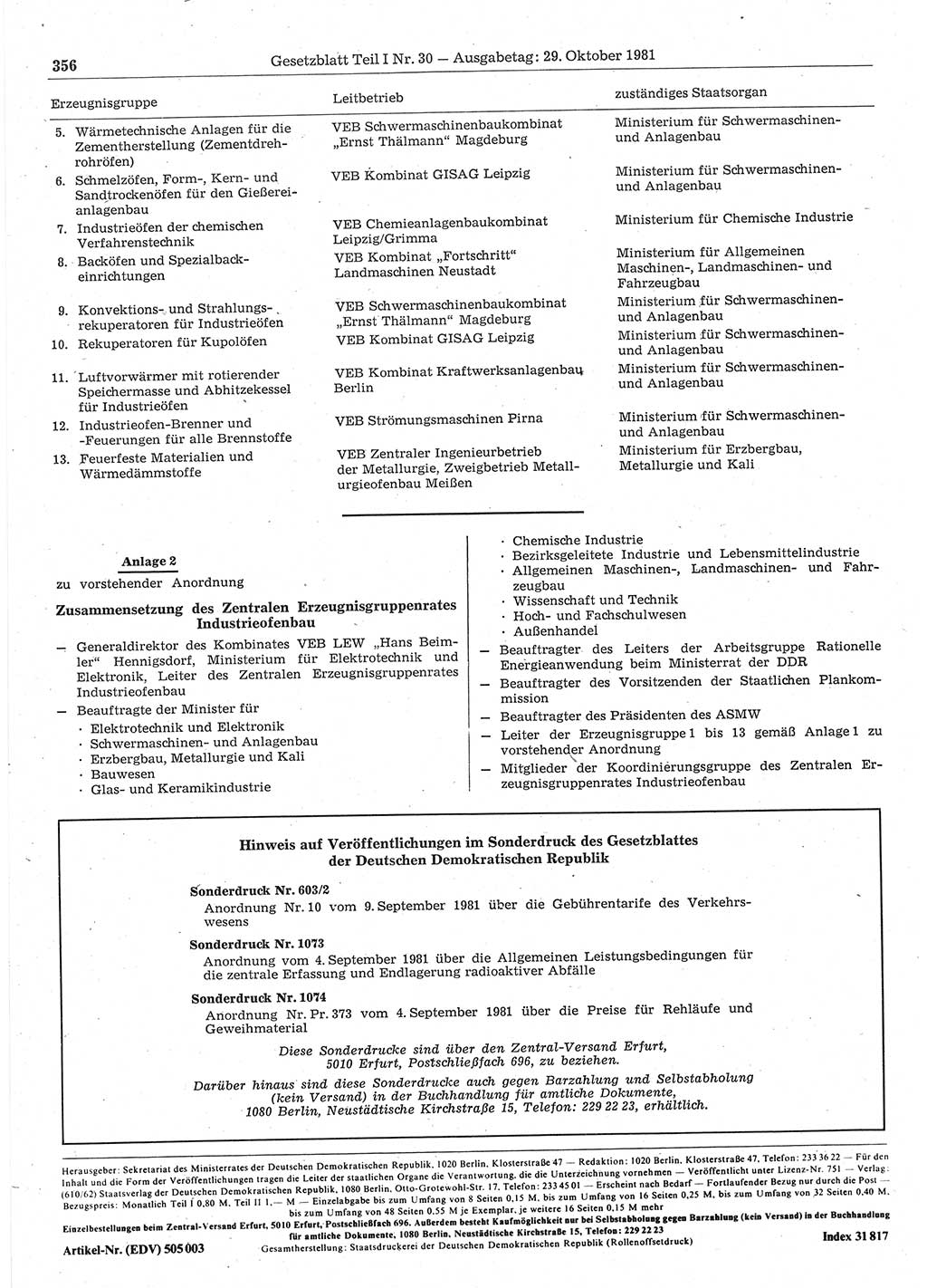 Gesetzblatt (GBl.) der Deutschen Demokratischen Republik (DDR) Teil Ⅰ 1981, Seite 356 (GBl. DDR Ⅰ 1981, S. 356)