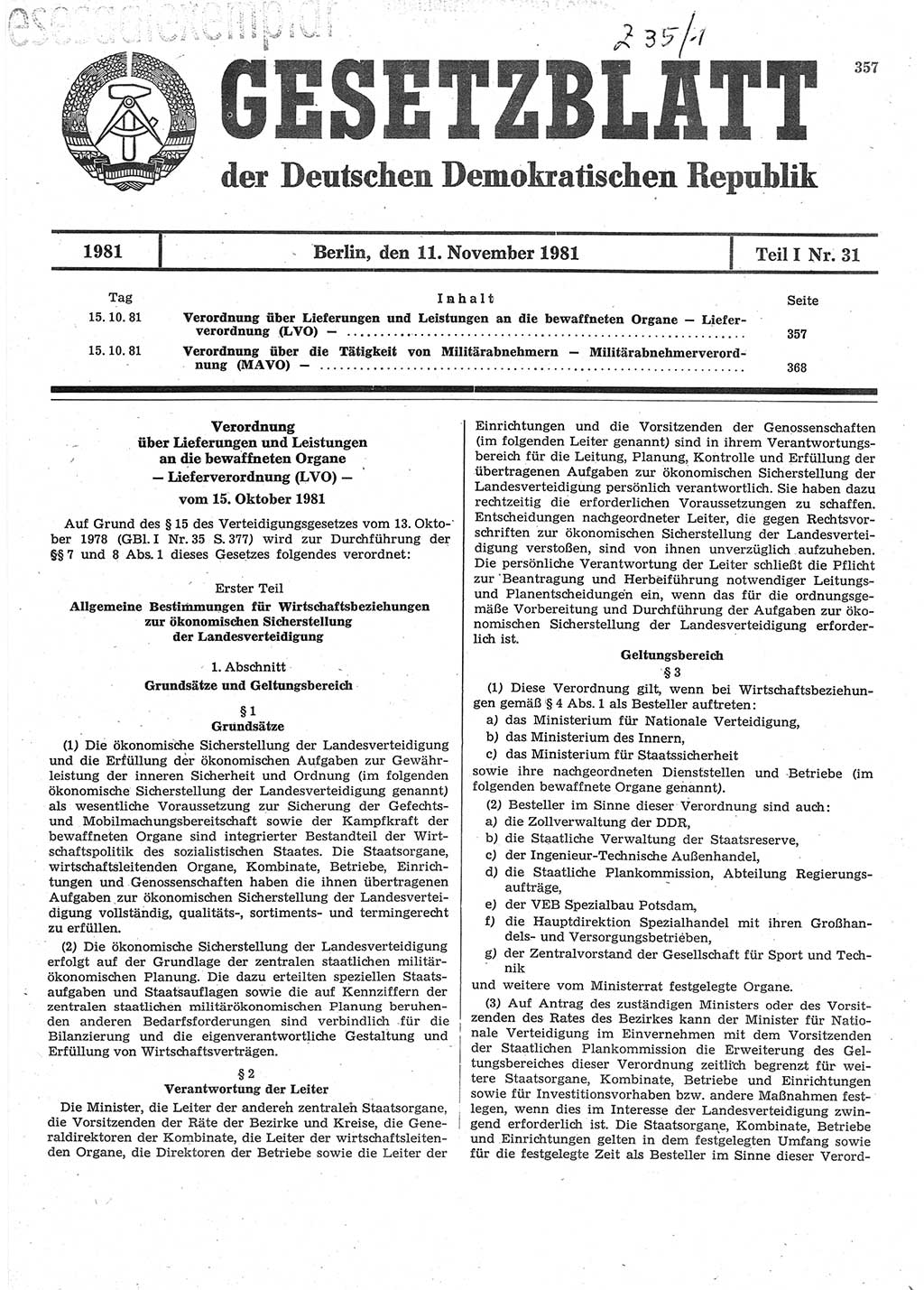 Gesetzblatt (GBl.) der Deutschen Demokratischen Republik (DDR) Teil Ⅰ 1981, Seite 357 (GBl. DDR Ⅰ 1981, S. 357)