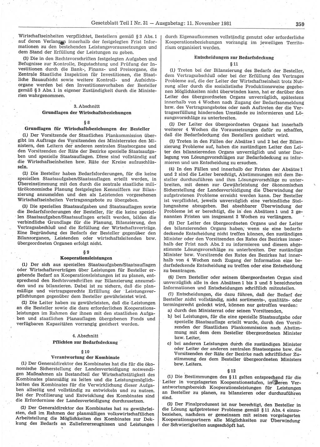 Gesetzblatt (GBl.) der Deutschen Demokratischen Republik (DDR) Teil Ⅰ 1981, Seite 359 (GBl. DDR Ⅰ 1981, S. 359)