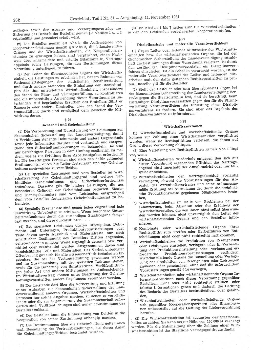 Gesetzblatt (GBl.) der Deutschen Demokratischen Republik (DDR) Teil Ⅰ 1981, Seite 362 (GBl. DDR Ⅰ 1981, S. 362)