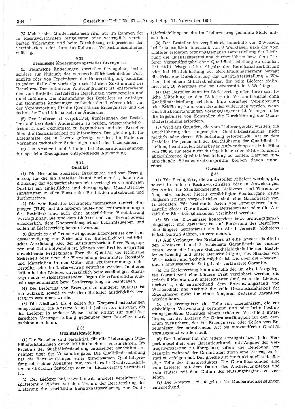 Gesetzblatt (GBl.) der Deutschen Demokratischen Republik (DDR) Teil Ⅰ 1981, Seite 364 (GBl. DDR Ⅰ 1981, S. 364)