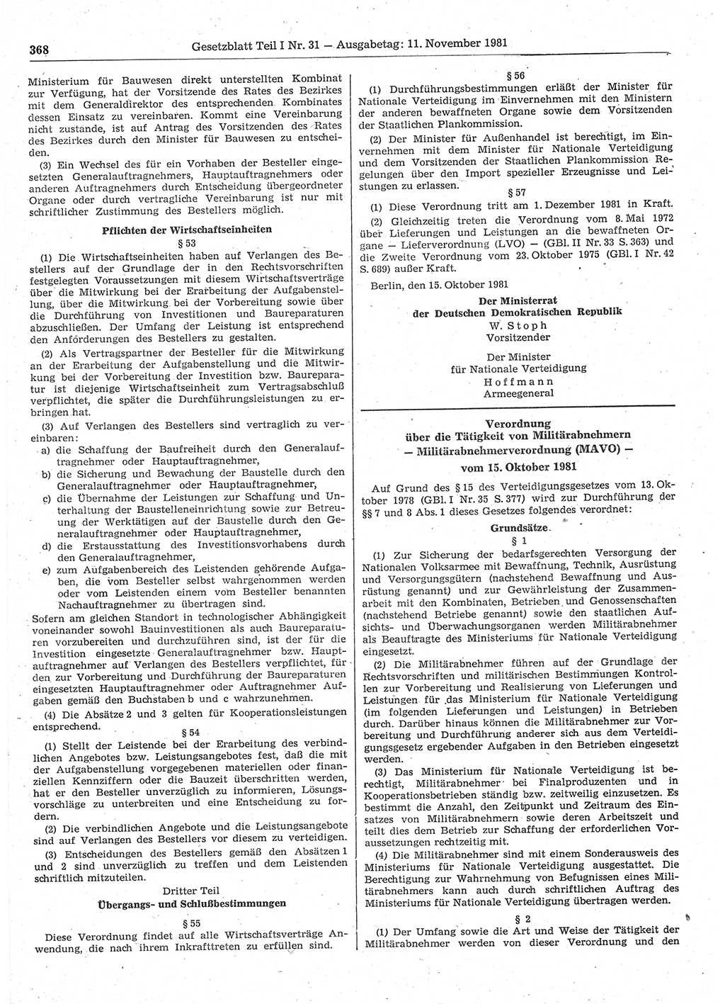 Gesetzblatt (GBl.) der Deutschen Demokratischen Republik (DDR) Teil Ⅰ 1981, Seite 368 (GBl. DDR Ⅰ 1981, S. 368)