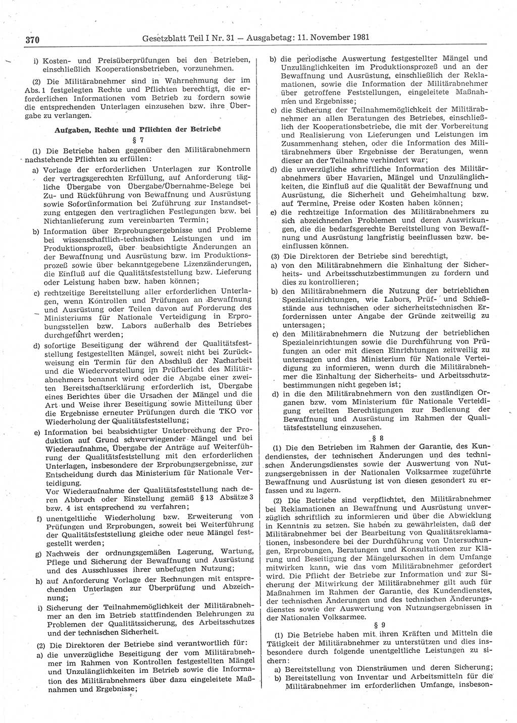 Gesetzblatt (GBl.) der Deutschen Demokratischen Republik (DDR) Teil Ⅰ 1981, Seite 370 (GBl. DDR Ⅰ 1981, S. 370)