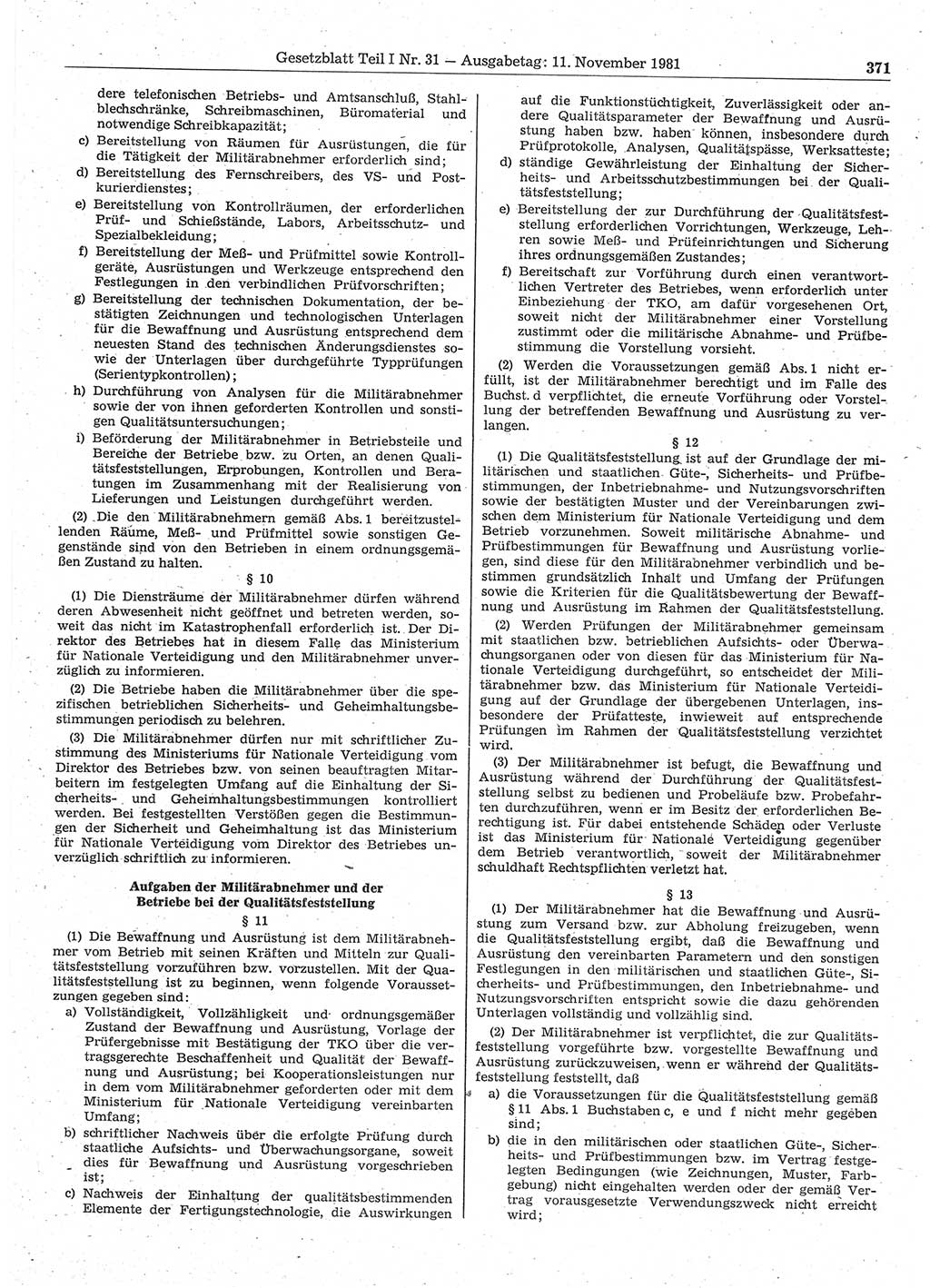 Gesetzblatt (GBl.) der Deutschen Demokratischen Republik (DDR) Teil Ⅰ 1981, Seite 371 (GBl. DDR Ⅰ 1981, S. 371)