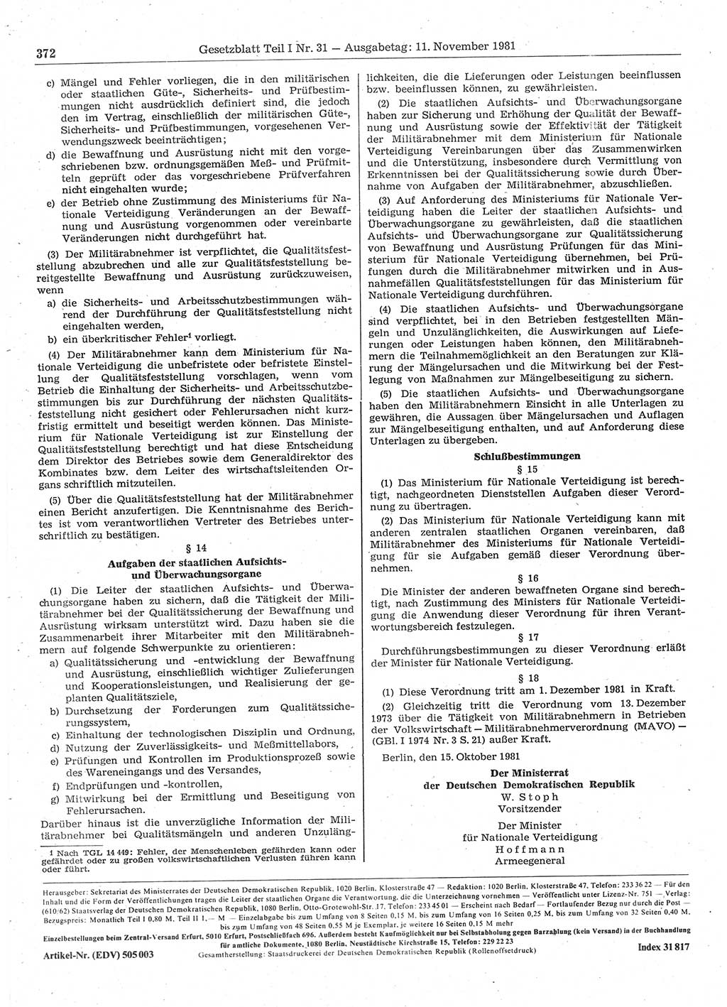 Gesetzblatt (GBl.) der Deutschen Demokratischen Republik (DDR) Teil Ⅰ 1981, Seite 372 (GBl. DDR Ⅰ 1981, S. 372)