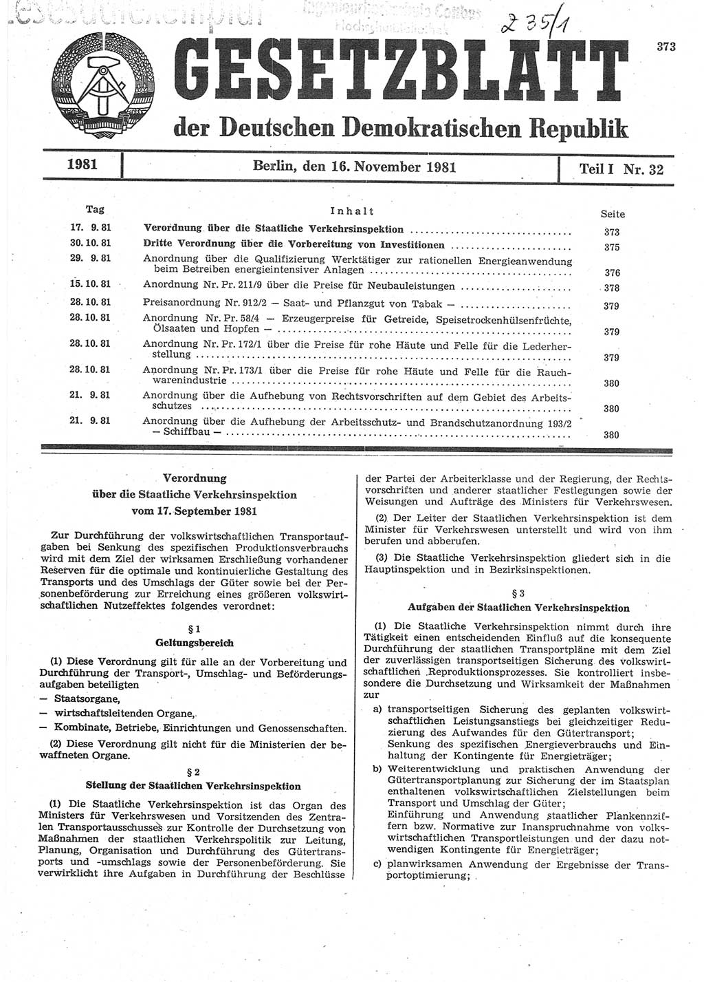 Gesetzblatt (GBl.) der Deutschen Demokratischen Republik (DDR) Teil Ⅰ 1981, Seite 373 (GBl. DDR Ⅰ 1981, S. 373)