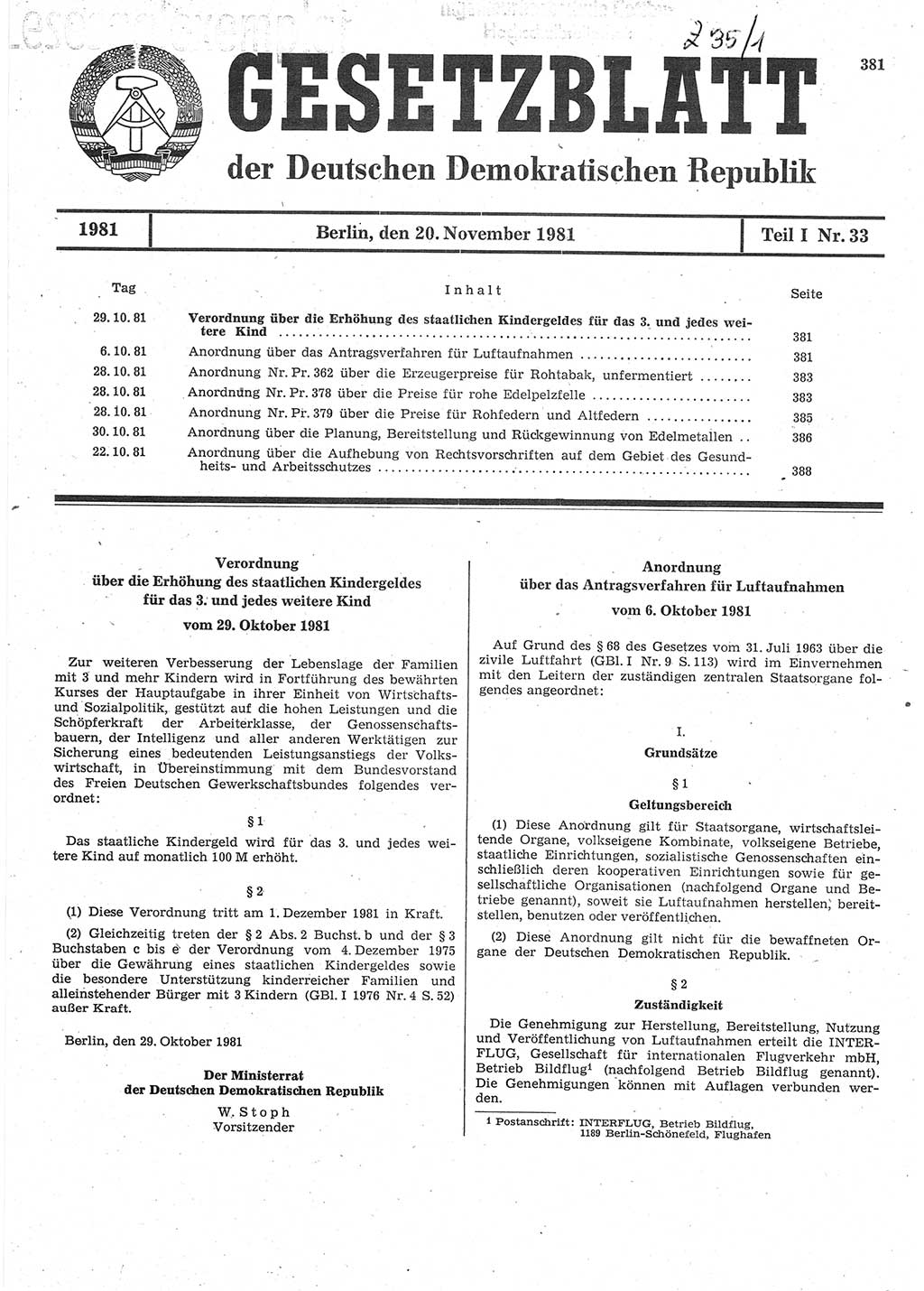 Gesetzblatt (GBl.) der Deutschen Demokratischen Republik (DDR) Teil Ⅰ 1981, Seite 381 (GBl. DDR Ⅰ 1981, S. 381)