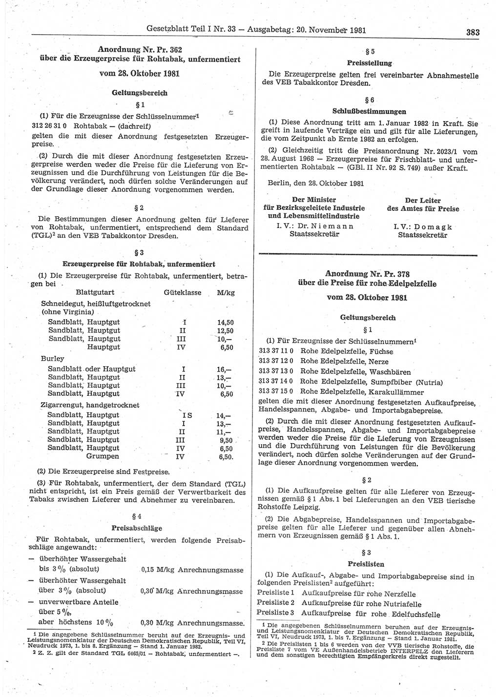 Gesetzblatt (GBl.) der Deutschen Demokratischen Republik (DDR) Teil Ⅰ 1981, Seite 383 (GBl. DDR Ⅰ 1981, S. 383)