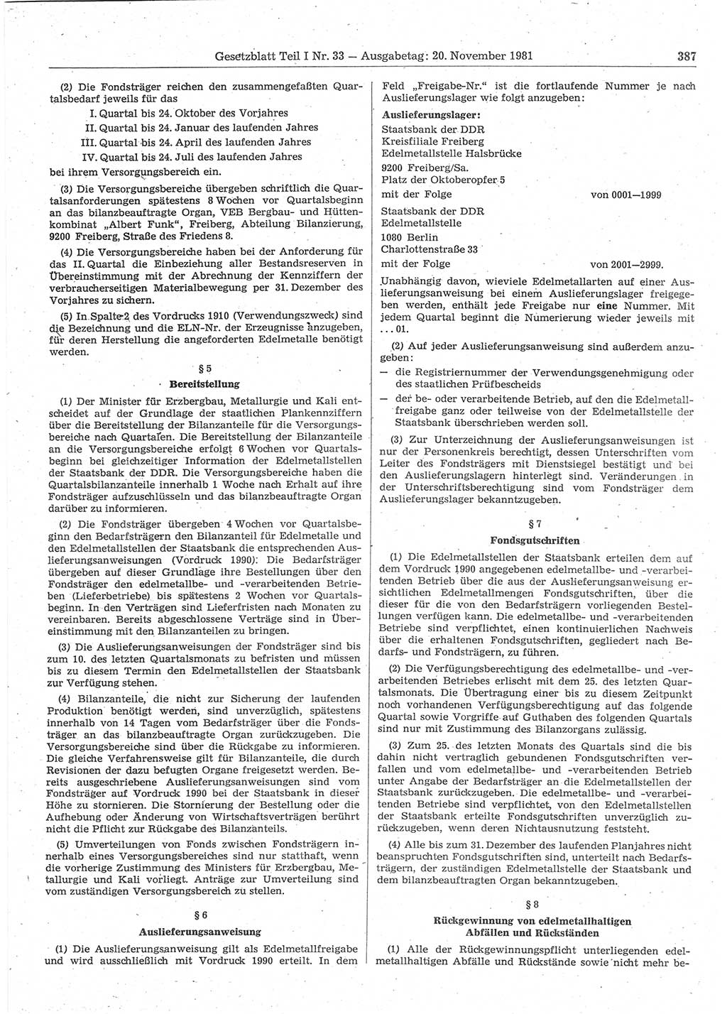 Gesetzblatt (GBl.) der Deutschen Demokratischen Republik (DDR) Teil Ⅰ 1981, Seite 387 (GBl. DDR Ⅰ 1981, S. 387)
