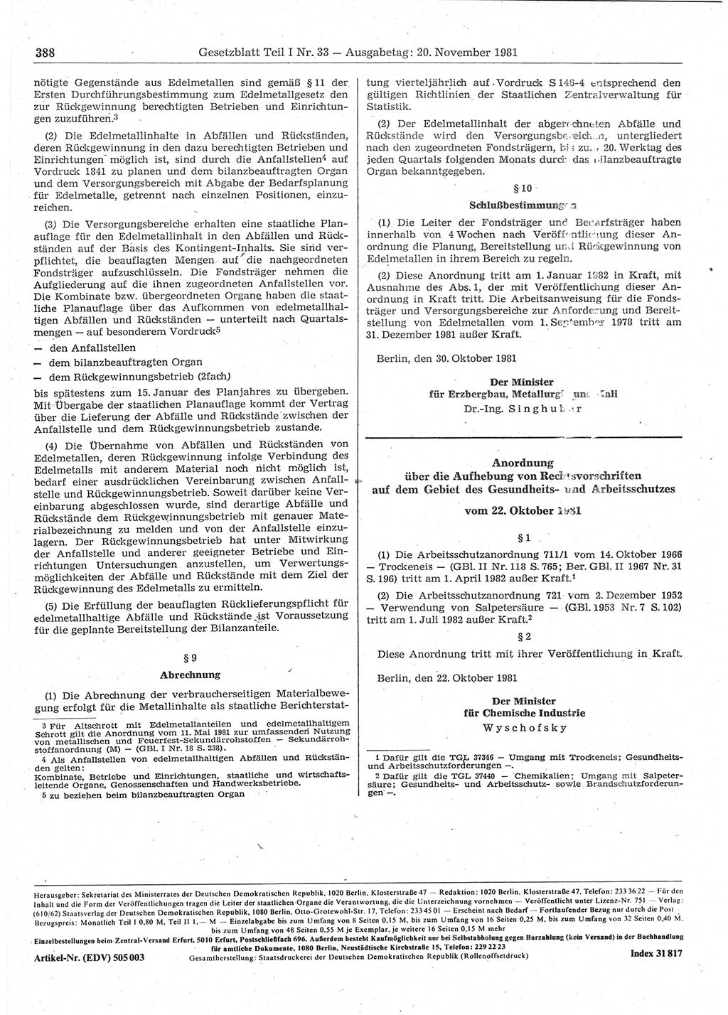 Gesetzblatt (GBl.) der Deutschen Demokratischen Republik (DDR) Teil Ⅰ 1981, Seite 388 (GBl. DDR Ⅰ 1981, S. 388)