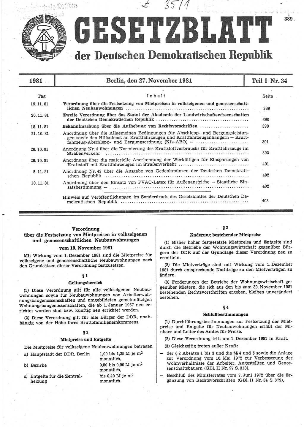Gesetzblatt (GBl.) der Deutschen Demokratischen Republik (DDR) Teil Ⅰ 1981, Seite 389 (GBl. DDR Ⅰ 1981, S. 389)