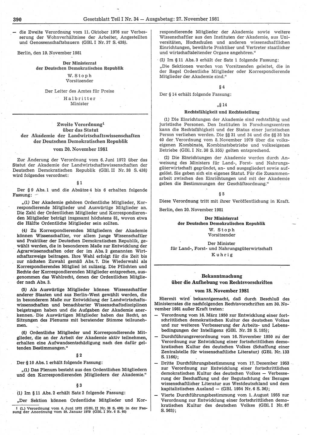 Gesetzblatt (GBl.) der Deutschen Demokratischen Republik (DDR) Teil Ⅰ 1981, Seite 390 (GBl. DDR Ⅰ 1981, S. 390)