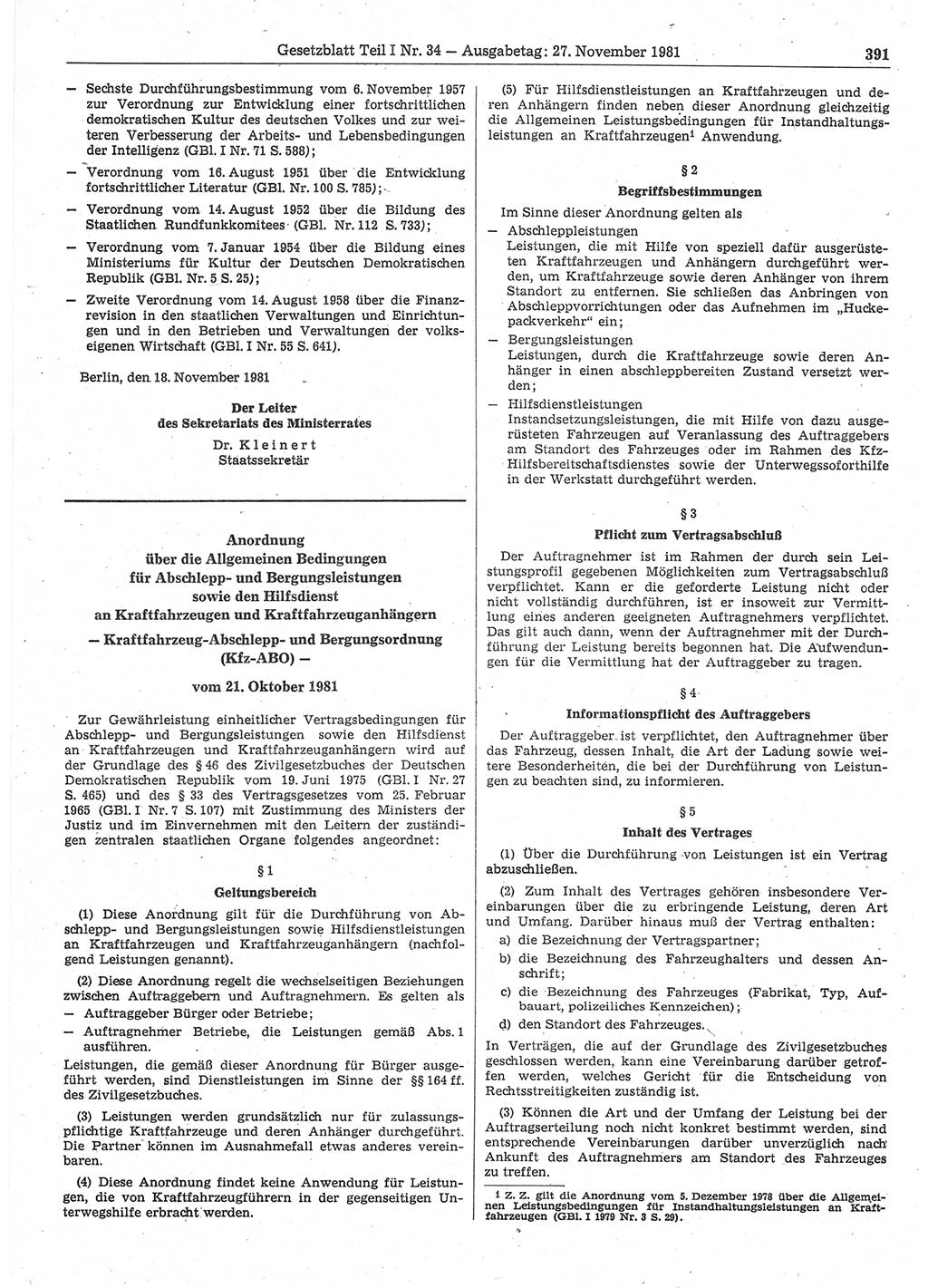Gesetzblatt (GBl.) der Deutschen Demokratischen Republik (DDR) Teil Ⅰ 1981, Seite 391 (GBl. DDR Ⅰ 1981, S. 391)