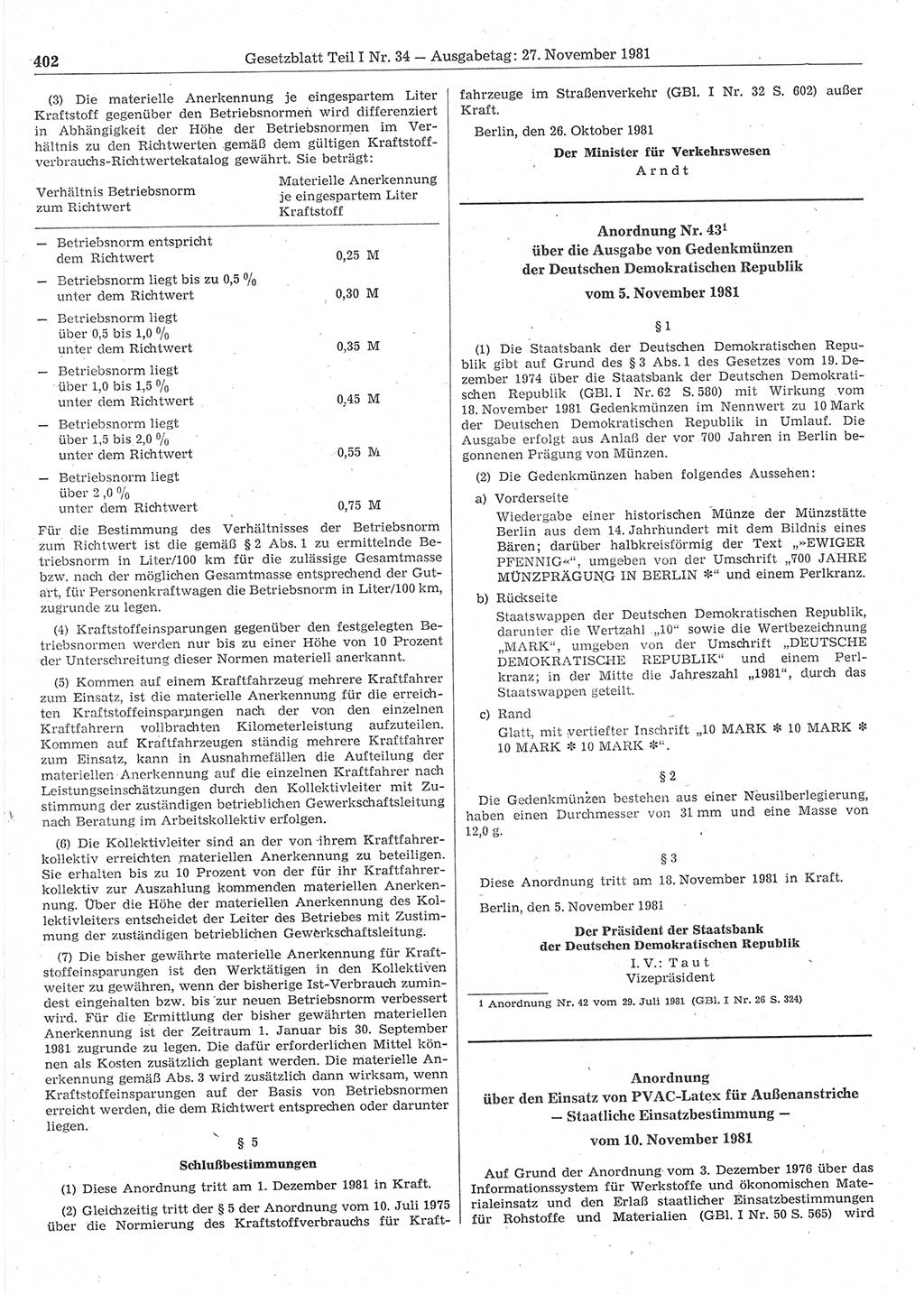 Gesetzblatt (GBl.) der Deutschen Demokratischen Republik (DDR) Teil Ⅰ 1981, Seite 402 (GBl. DDR Ⅰ 1981, S. 402)