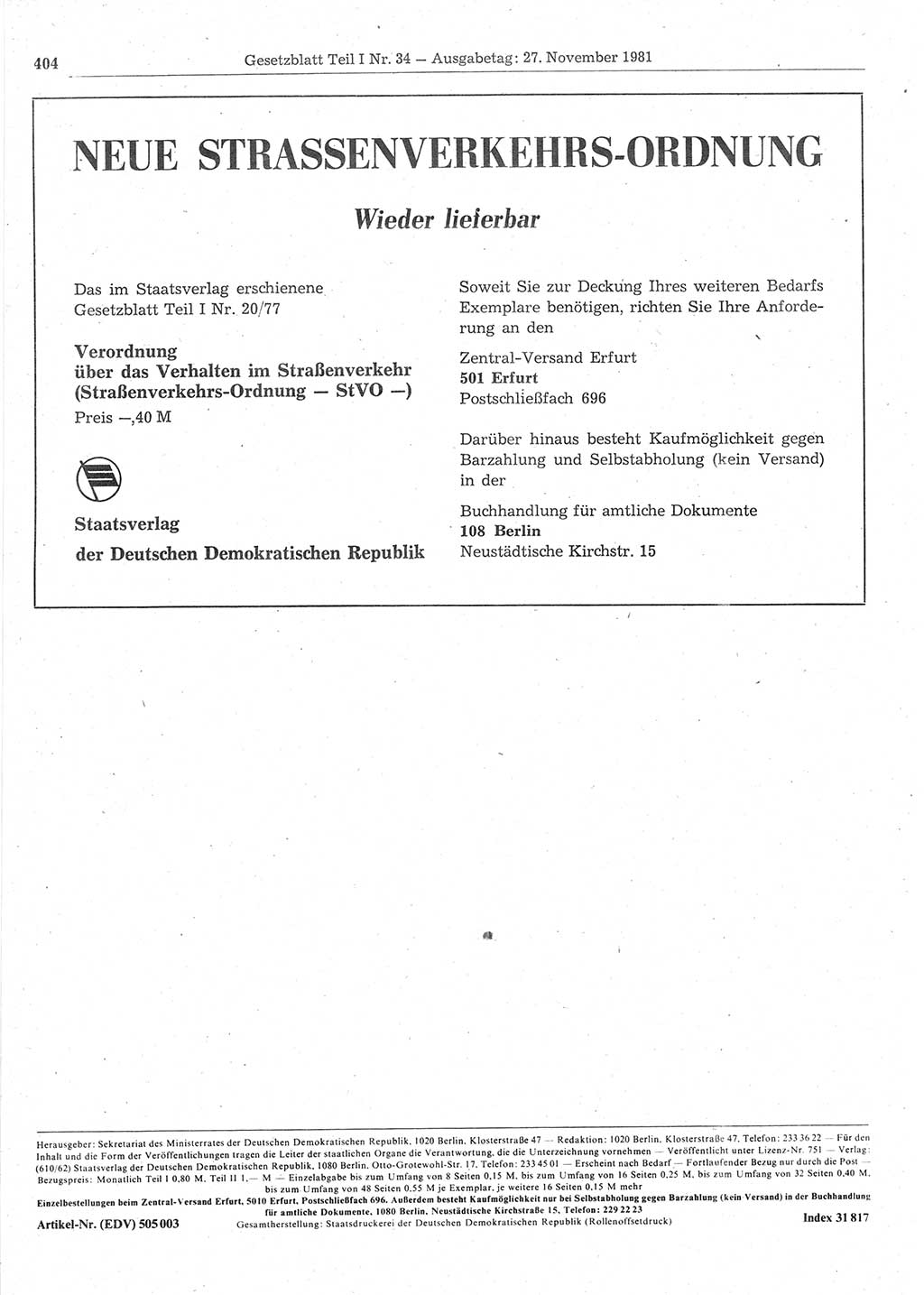 Gesetzblatt (GBl.) der Deutschen Demokratischen Republik (DDR) Teil Ⅰ 1981, Seite 404 (GBl. DDR Ⅰ 1981, S. 404)