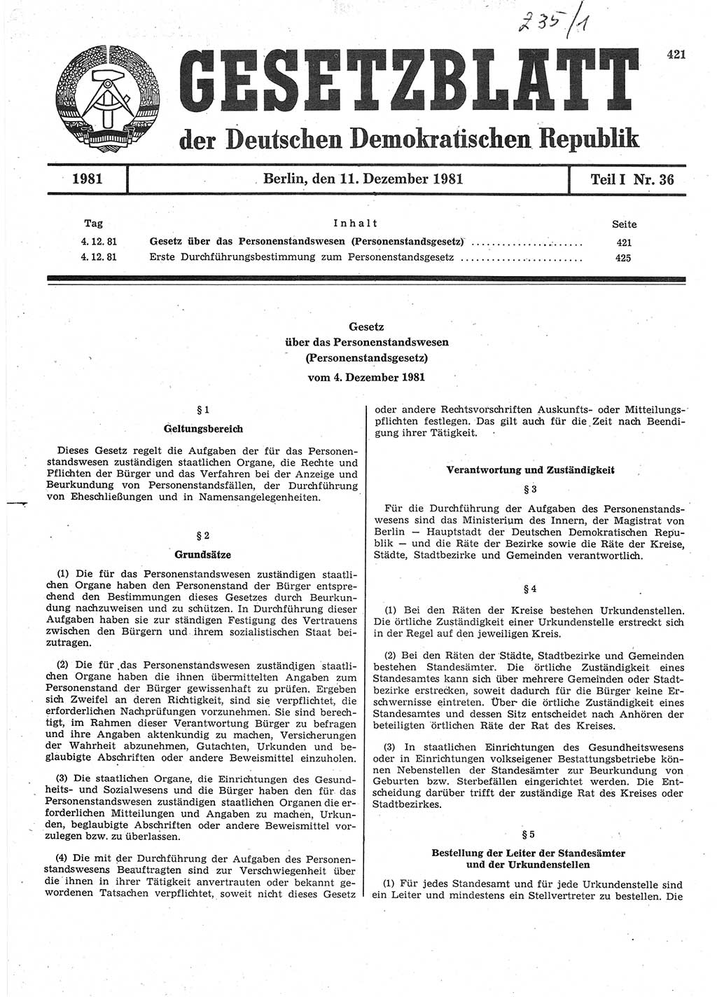 Gesetzblatt (GBl.) der Deutschen Demokratischen Republik (DDR) Teil Ⅰ 1981, Seite 421 (GBl. DDR Ⅰ 1981, S. 421)