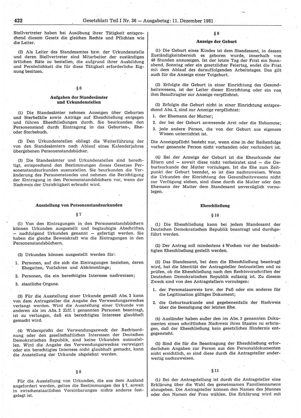 Gesetzblatt (GBl.) der Deutschen Demokratischen Republik (DDR) Teil Ⅰ 1981, Seite 422 (GBl. DDR Ⅰ 1981, S. 422)