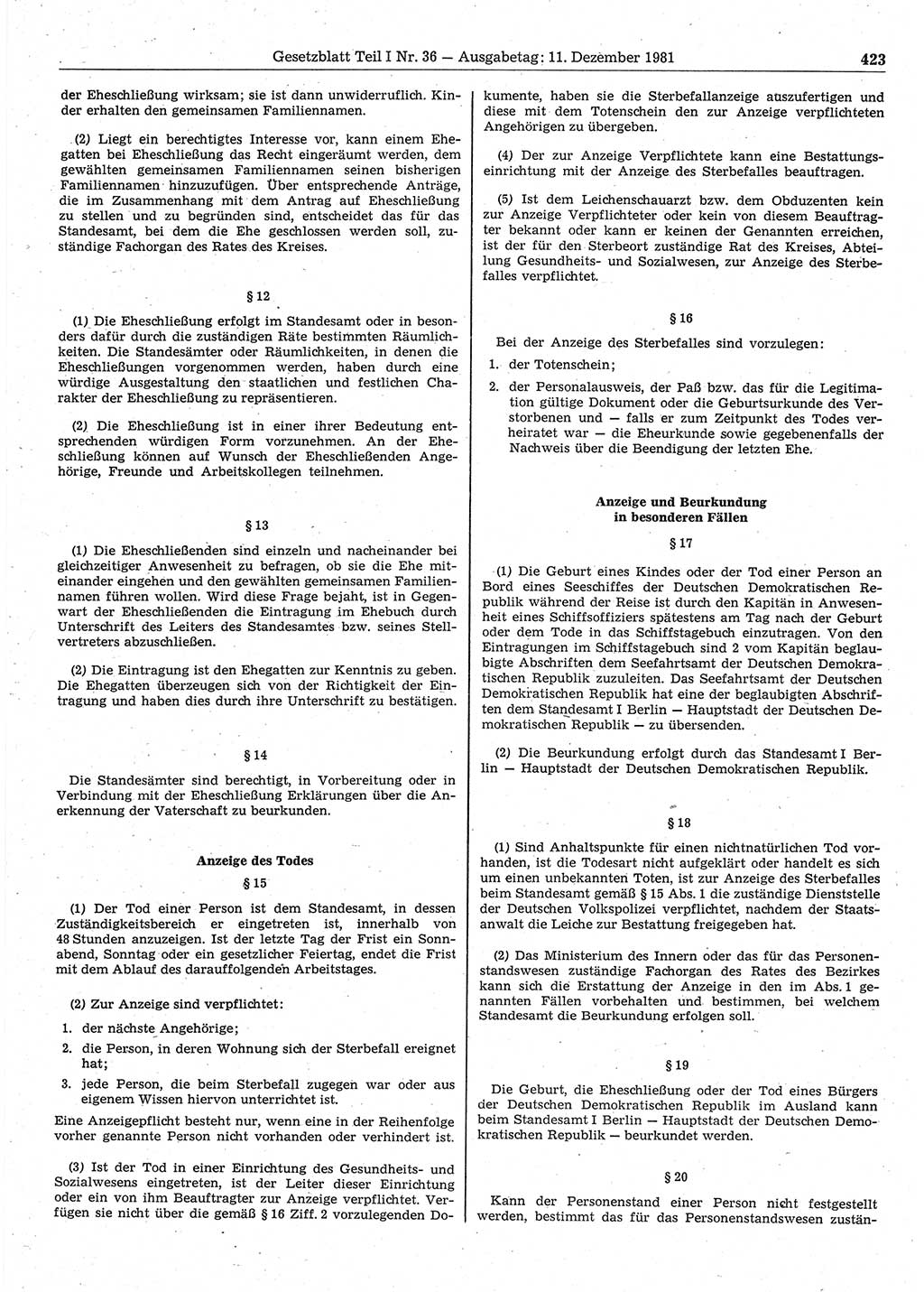 Gesetzblatt (GBl.) der Deutschen Demokratischen Republik (DDR) Teil Ⅰ 1981, Seite 423 (GBl. DDR Ⅰ 1981, S. 423)