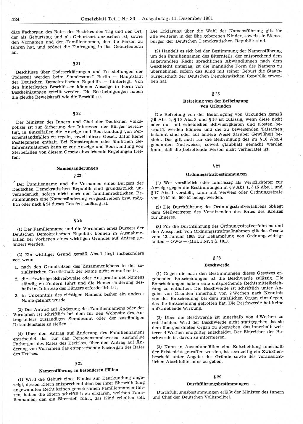 Gesetzblatt (GBl.) der Deutschen Demokratischen Republik (DDR) Teil Ⅰ 1981, Seite 424 (GBl. DDR Ⅰ 1981, S. 424)