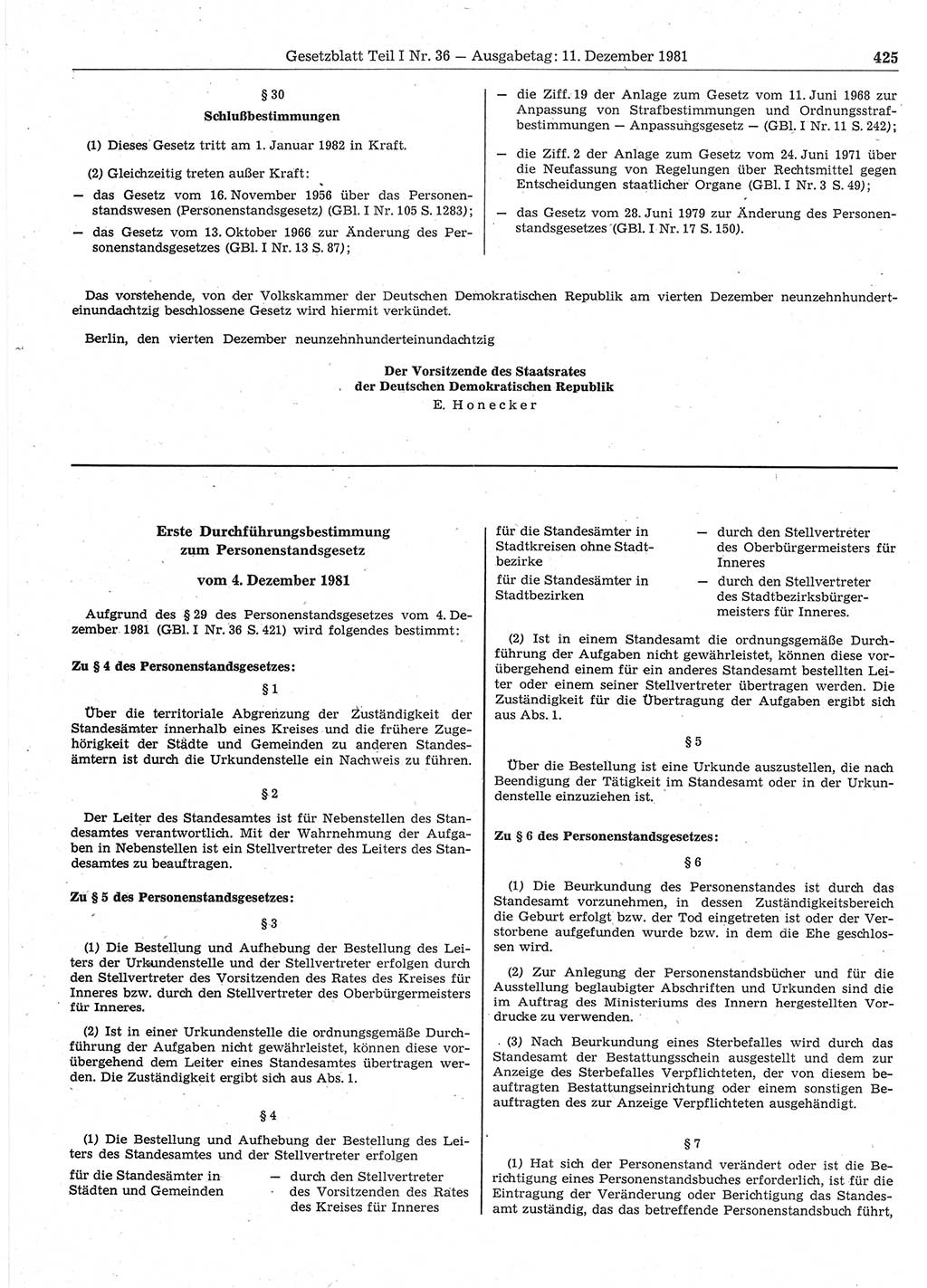 Gesetzblatt (GBl.) der Deutschen Demokratischen Republik (DDR) Teil Ⅰ 1981, Seite 425 (GBl. DDR Ⅰ 1981, S. 425)