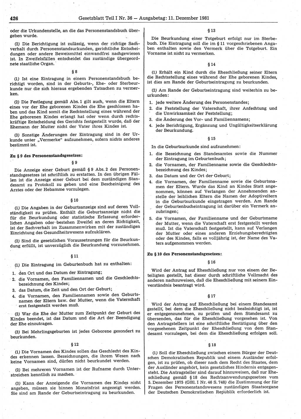 Gesetzblatt (GBl.) der Deutschen Demokratischen Republik (DDR) Teil Ⅰ 1981, Seite 426 (GBl. DDR Ⅰ 1981, S. 426)