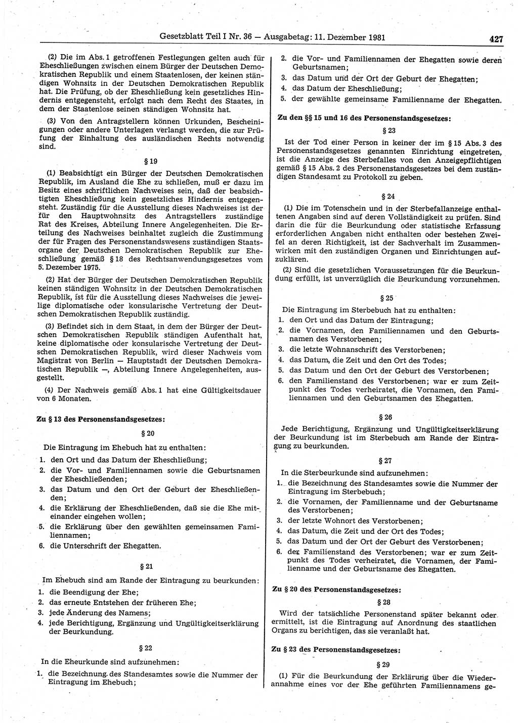 Gesetzblatt (GBl.) der Deutschen Demokratischen Republik (DDR) Teil Ⅰ 1981, Seite 427 (GBl. DDR Ⅰ 1981, S. 427)