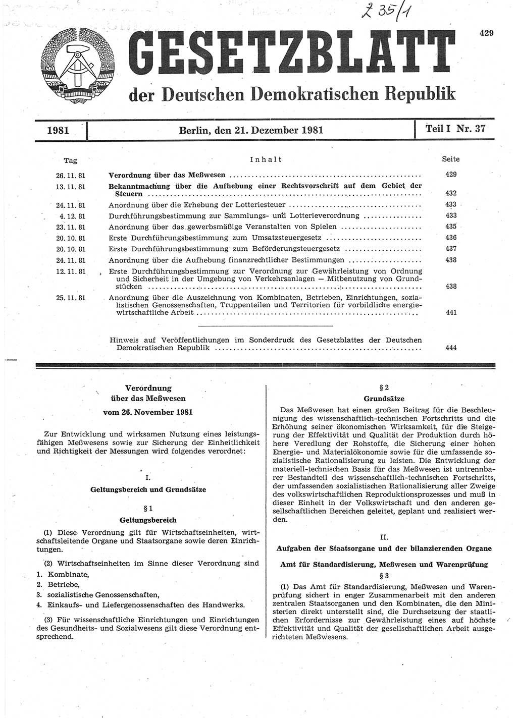 Gesetzblatt (GBl.) der Deutschen Demokratischen Republik (DDR) Teil Ⅰ 1981, Seite 429 (GBl. DDR Ⅰ 1981, S. 429)