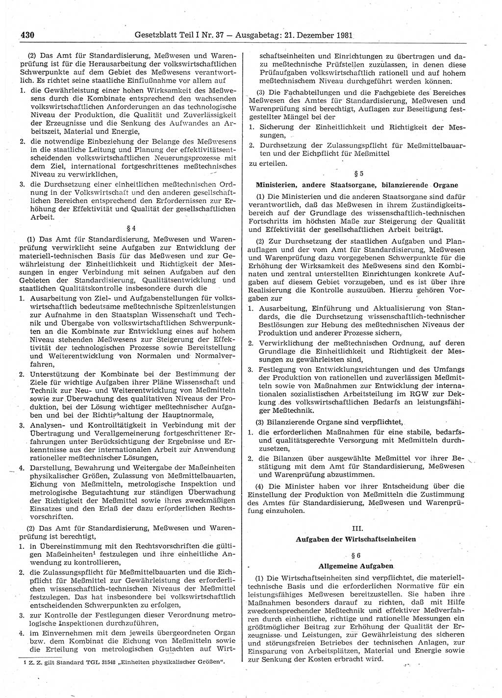 Gesetzblatt (GBl.) der Deutschen Demokratischen Republik (DDR) Teil Ⅰ 1981, Seite 430 (GBl. DDR Ⅰ 1981, S. 430)