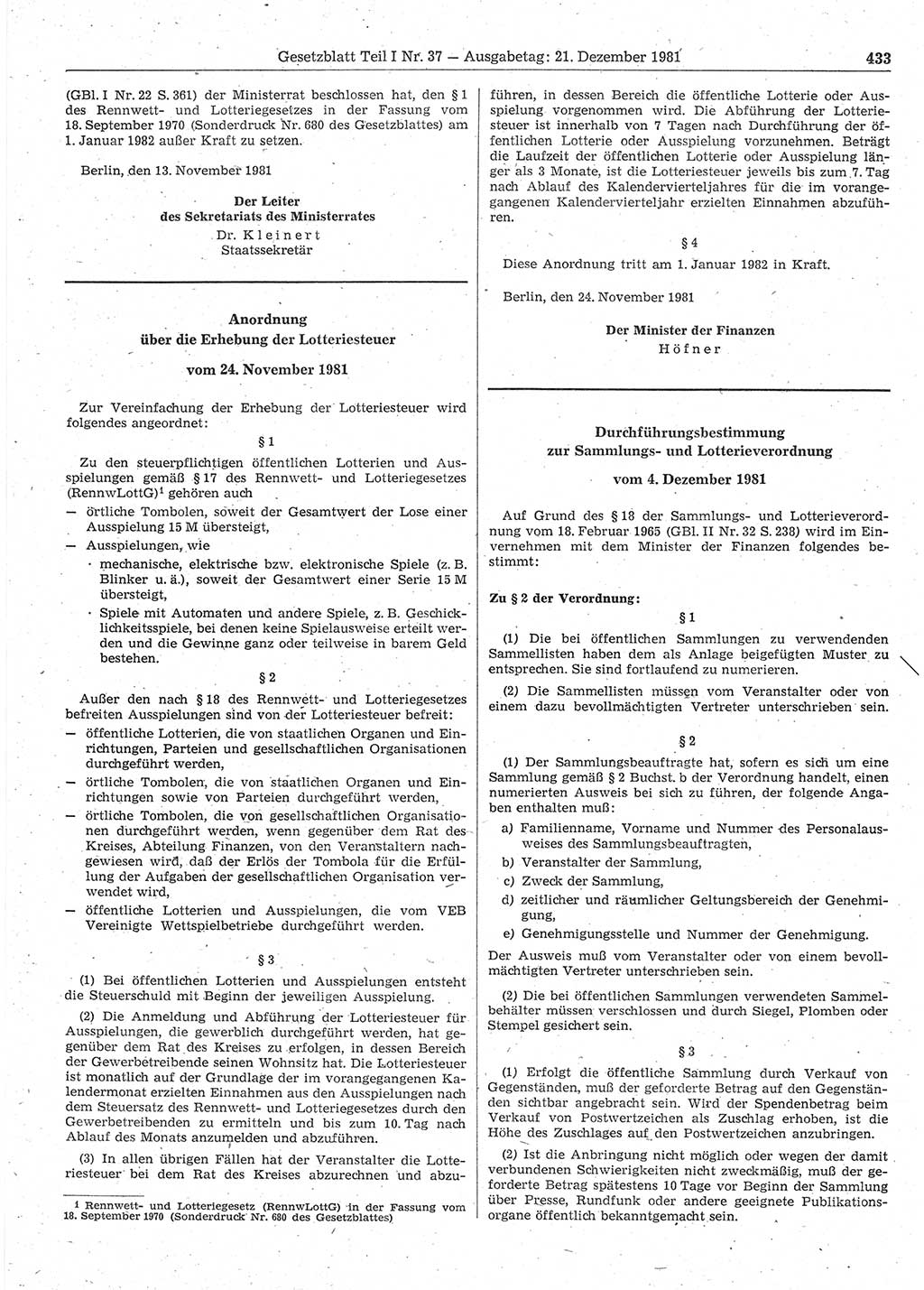 Gesetzblatt (GBl.) der Deutschen Demokratischen Republik (DDR) Teil Ⅰ 1981, Seite 433 (GBl. DDR Ⅰ 1981, S. 433)