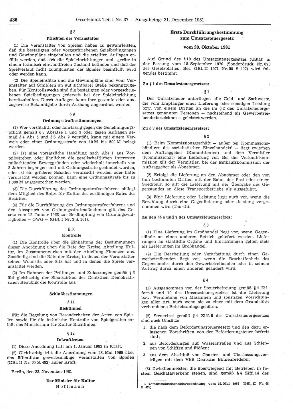 Gesetzblatt (GBl.) der Deutschen Demokratischen Republik (DDR) Teil Ⅰ 1981, Seite 436 (GBl. DDR Ⅰ 1981, S. 436)