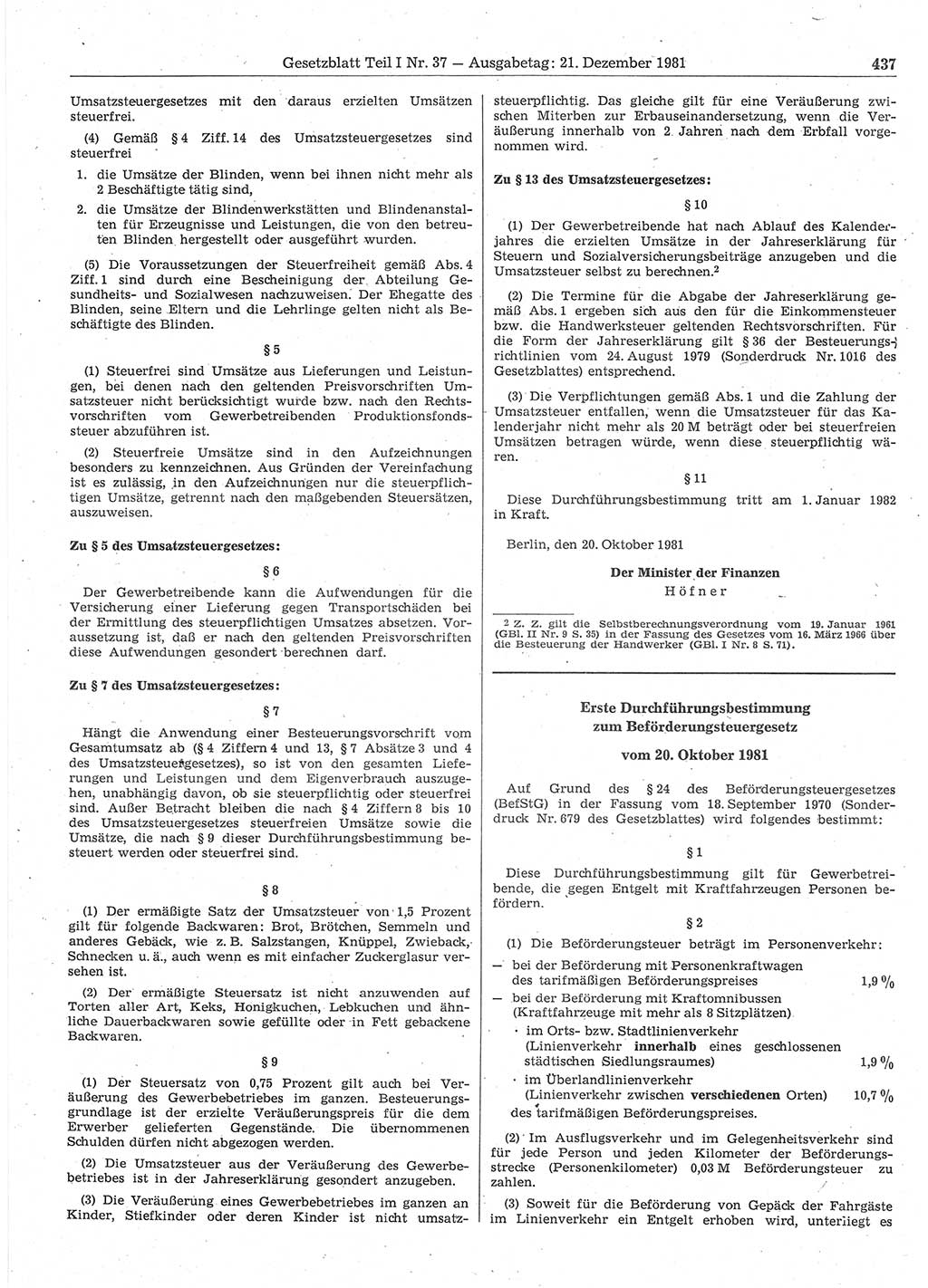 Gesetzblatt (GBl.) der Deutschen Demokratischen Republik (DDR) Teil Ⅰ 1981, Seite 437 (GBl. DDR Ⅰ 1981, S. 437)