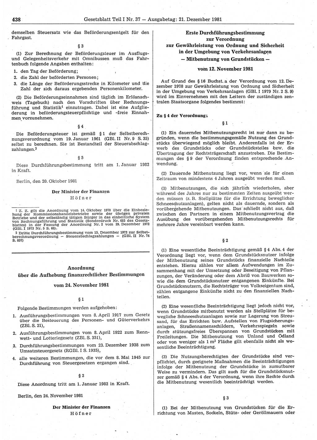 Gesetzblatt (GBl.) der Deutschen Demokratischen Republik (DDR) Teil Ⅰ 1981, Seite 438 (GBl. DDR Ⅰ 1981, S. 438)
