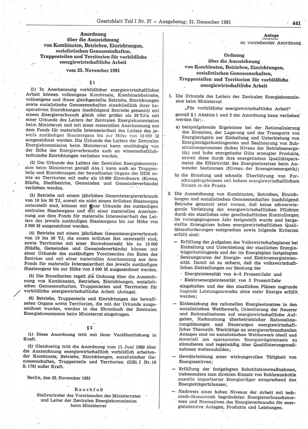 Gesetzblatt (GBl.) der Deutschen Demokratischen Republik (DDR) Teil Ⅰ 1981, Seite 441 (GBl. DDR Ⅰ 1981, S. 441)