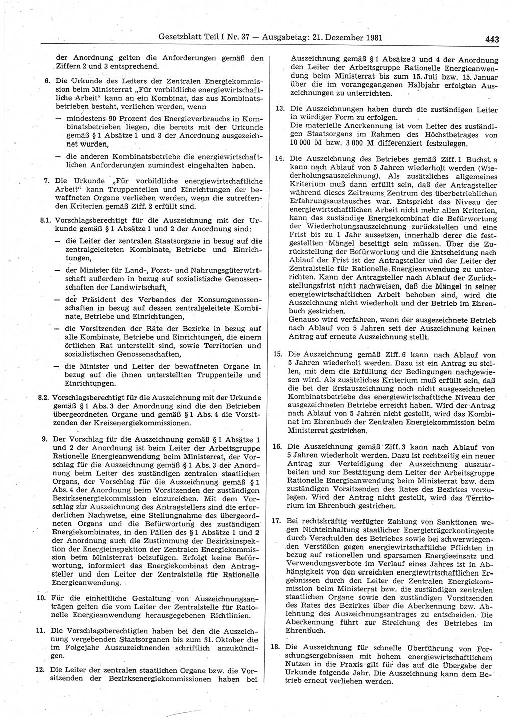 Gesetzblatt (GBl.) der Deutschen Demokratischen Republik (DDR) Teil Ⅰ 1981, Seite 443 (GBl. DDR Ⅰ 1981, S. 443)