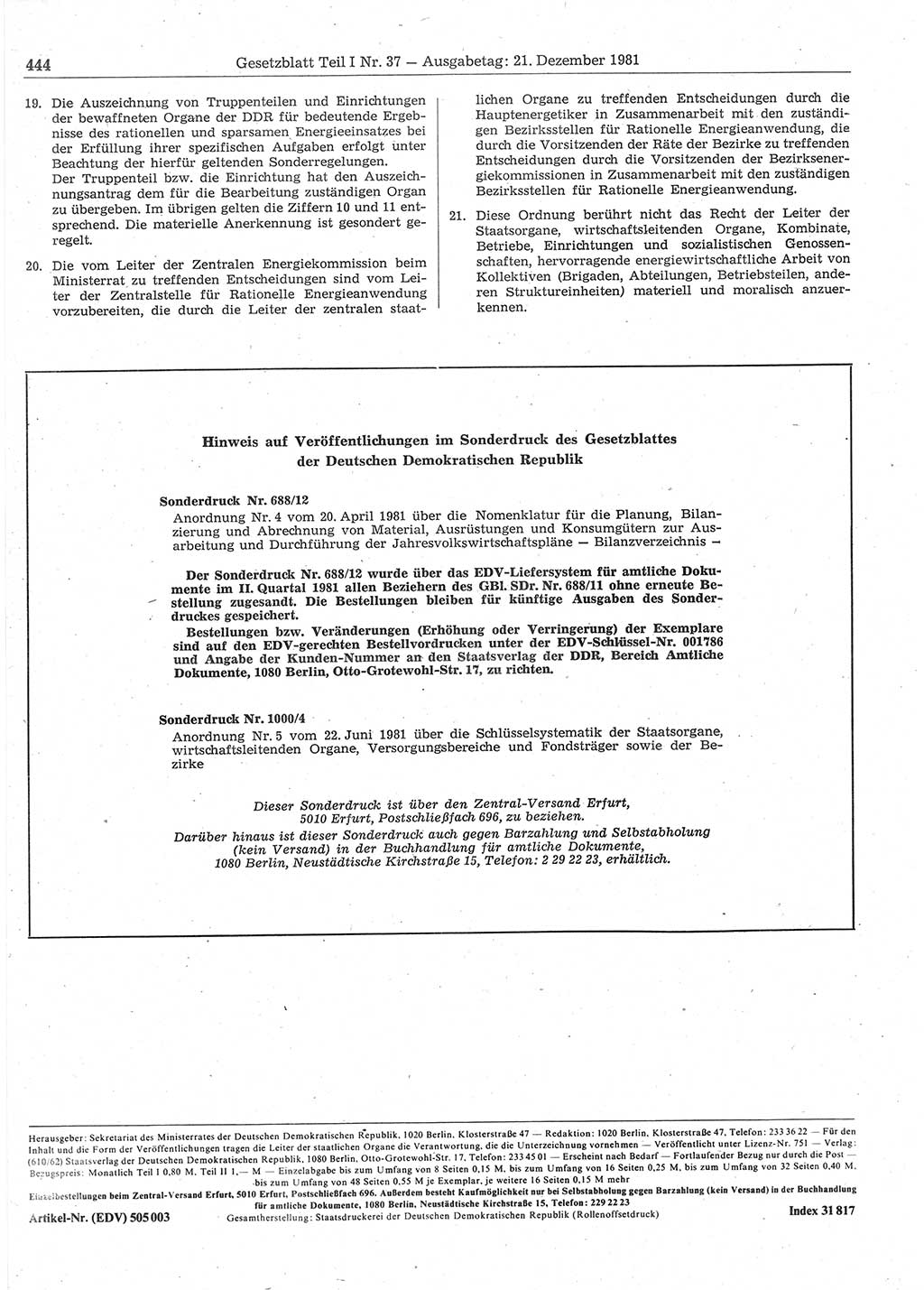 Gesetzblatt (GBl.) der Deutschen Demokratischen Republik (DDR) Teil Ⅰ 1981, Seite 444 (GBl. DDR Ⅰ 1981, S. 444)