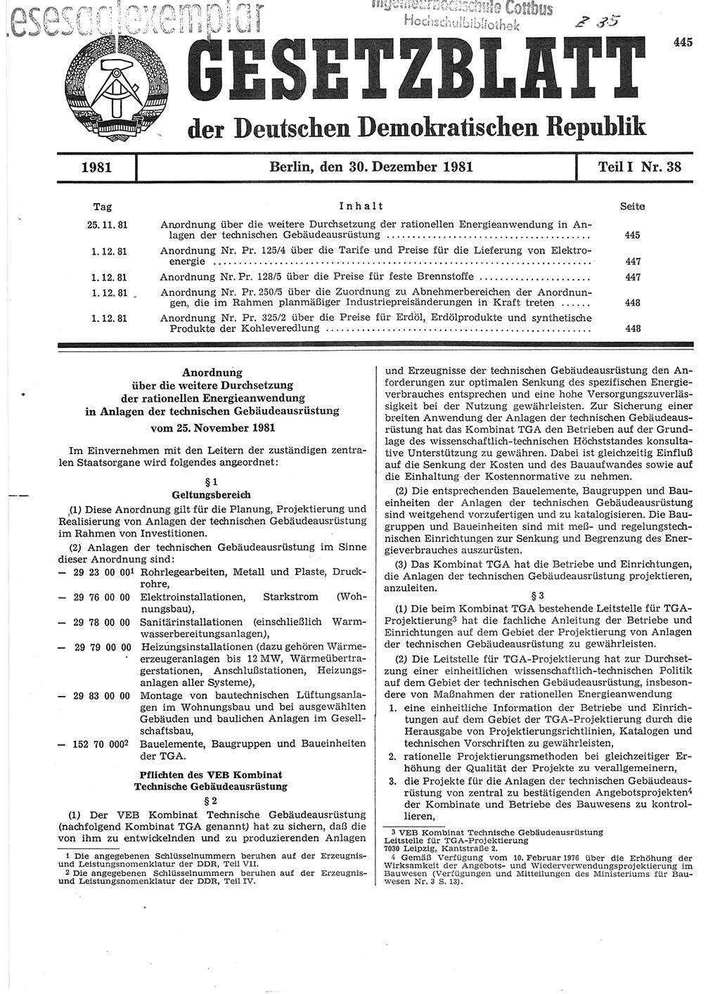 Gesetzblatt (GBl.) der Deutschen Demokratischen Republik (DDR) Teil Ⅰ 1981, Seite 445 (GBl. DDR Ⅰ 1981, S. 445)