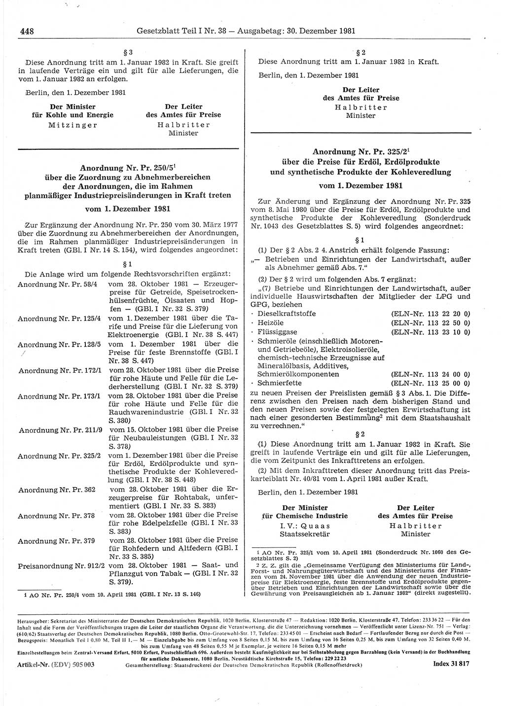 Gesetzblatt (GBl.) der Deutschen Demokratischen Republik (DDR) Teil Ⅰ 1981, Seite 448 (GBl. DDR Ⅰ 1981, S. 448)
