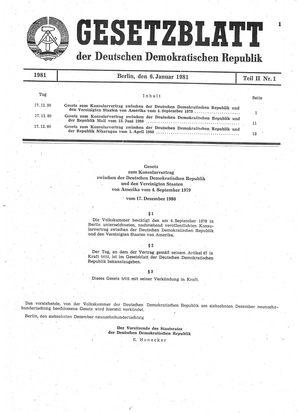 Gesetzblatt (GBl.) der Deutschen Demokratischen Republik (DDR) Teil ⅠⅠ 1981, Seite 1 (GBl. DDR ⅠⅠ 1981, S. 1)