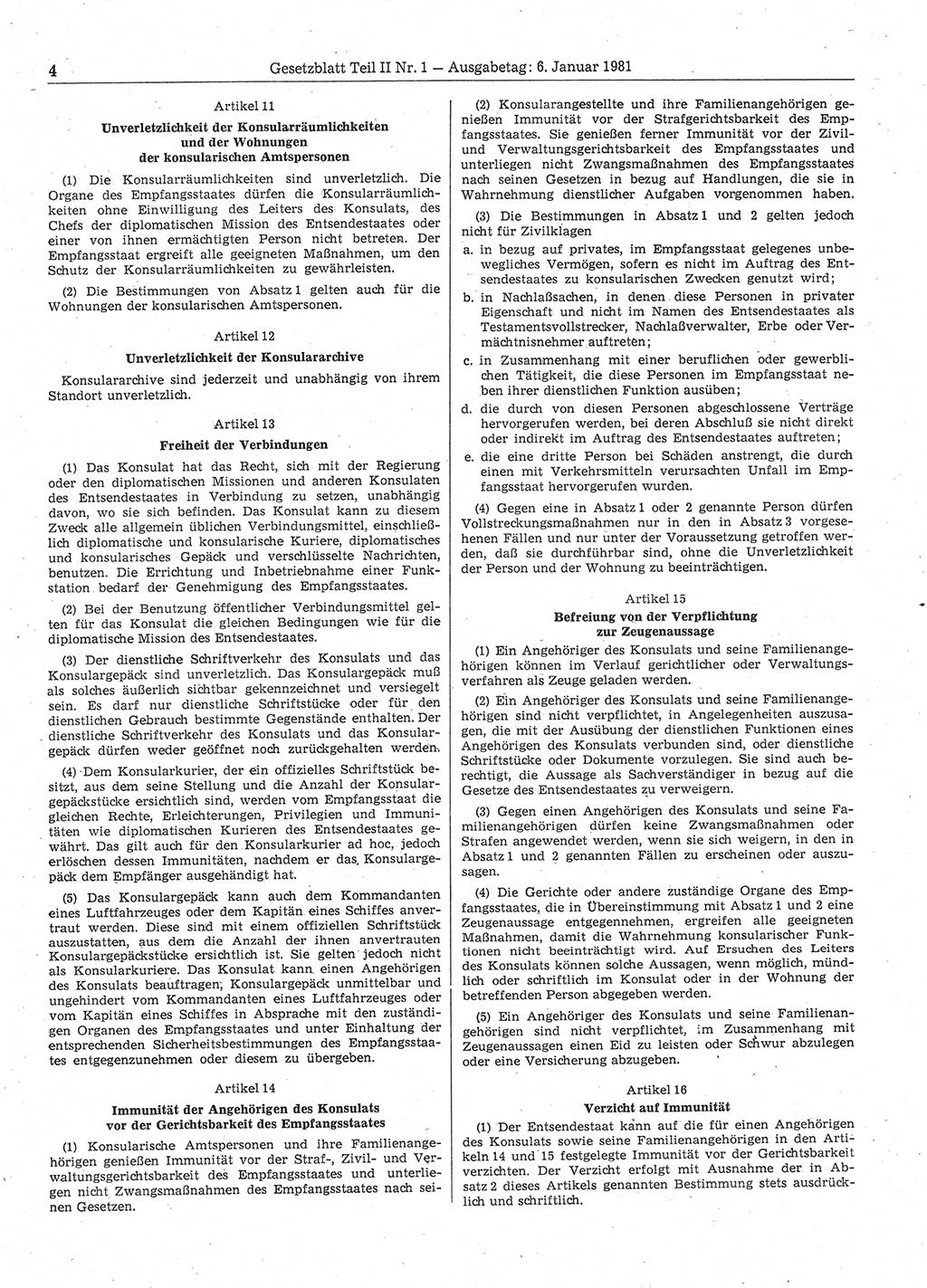 Gesetzblatt (GBl.) der Deutschen Demokratischen Republik (DDR) Teil ⅠⅠ 1981, Seite 4 (GBl. DDR ⅠⅠ 1981, S. 4)