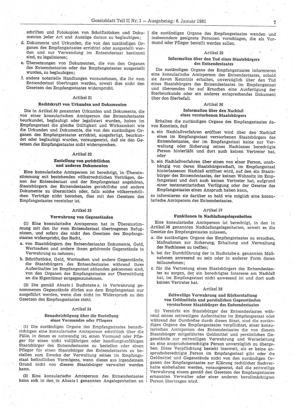 Gesetzblatt (GBl.) der Deutschen Demokratischen Republik (DDR) Teil ⅠⅠ 1981, Seite 7 (GBl. DDR ⅠⅠ 1981, S. 7)