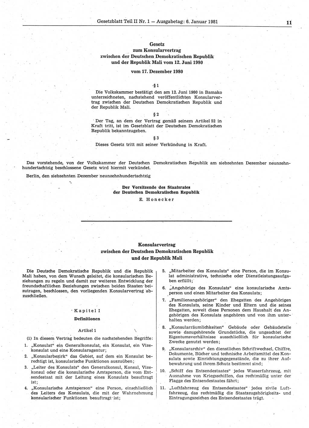 Gesetzblatt (GBl.) der Deutschen Demokratischen Republik (DDR) Teil ⅠⅠ 1981, Seite 11 (GBl. DDR ⅠⅠ 1981, S. 11)