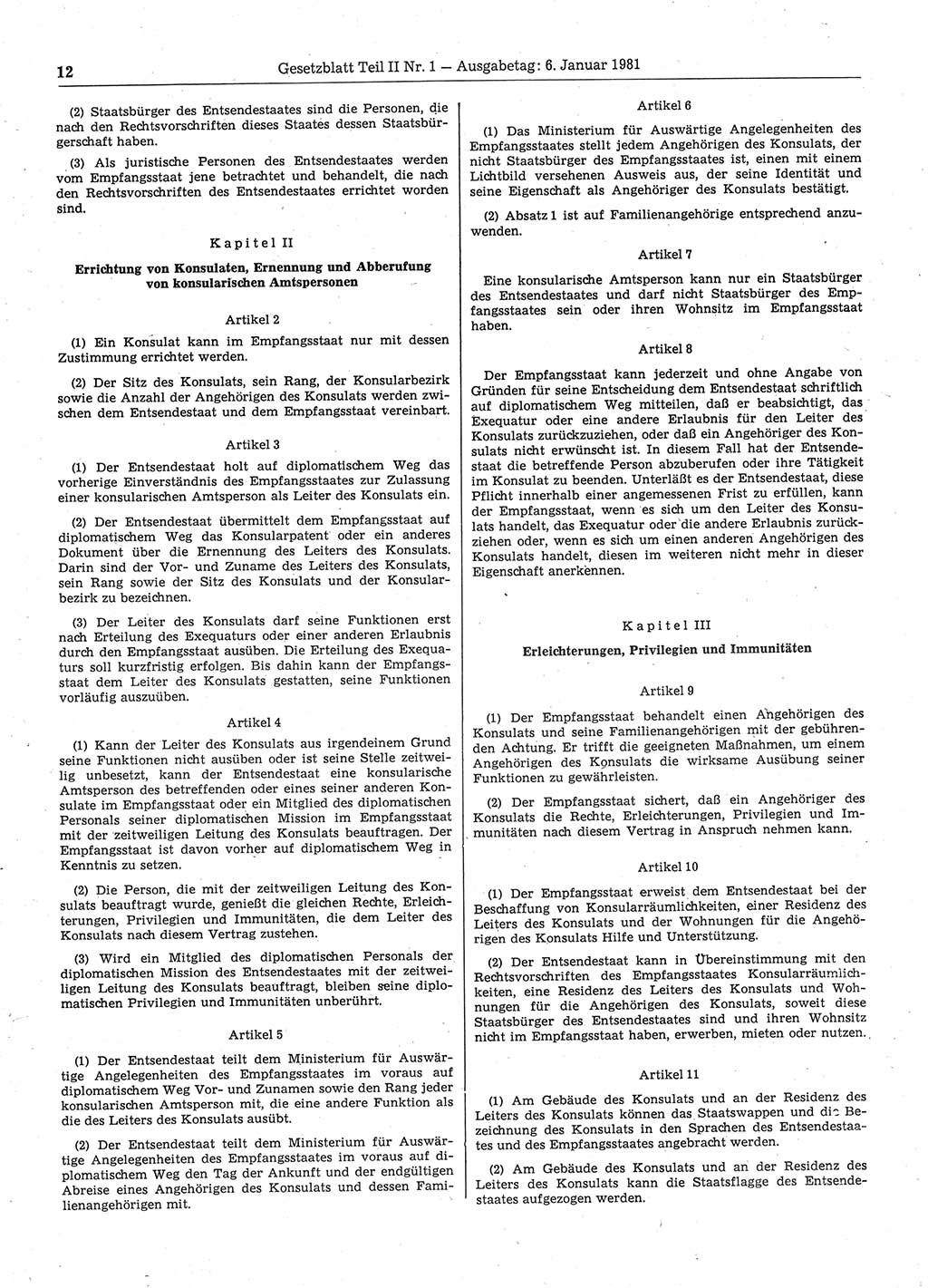 Gesetzblatt (GBl.) der Deutschen Demokratischen Republik (DDR) Teil ⅠⅠ 1981, Seite 12 (GBl. DDR ⅠⅠ 1981, S. 12)